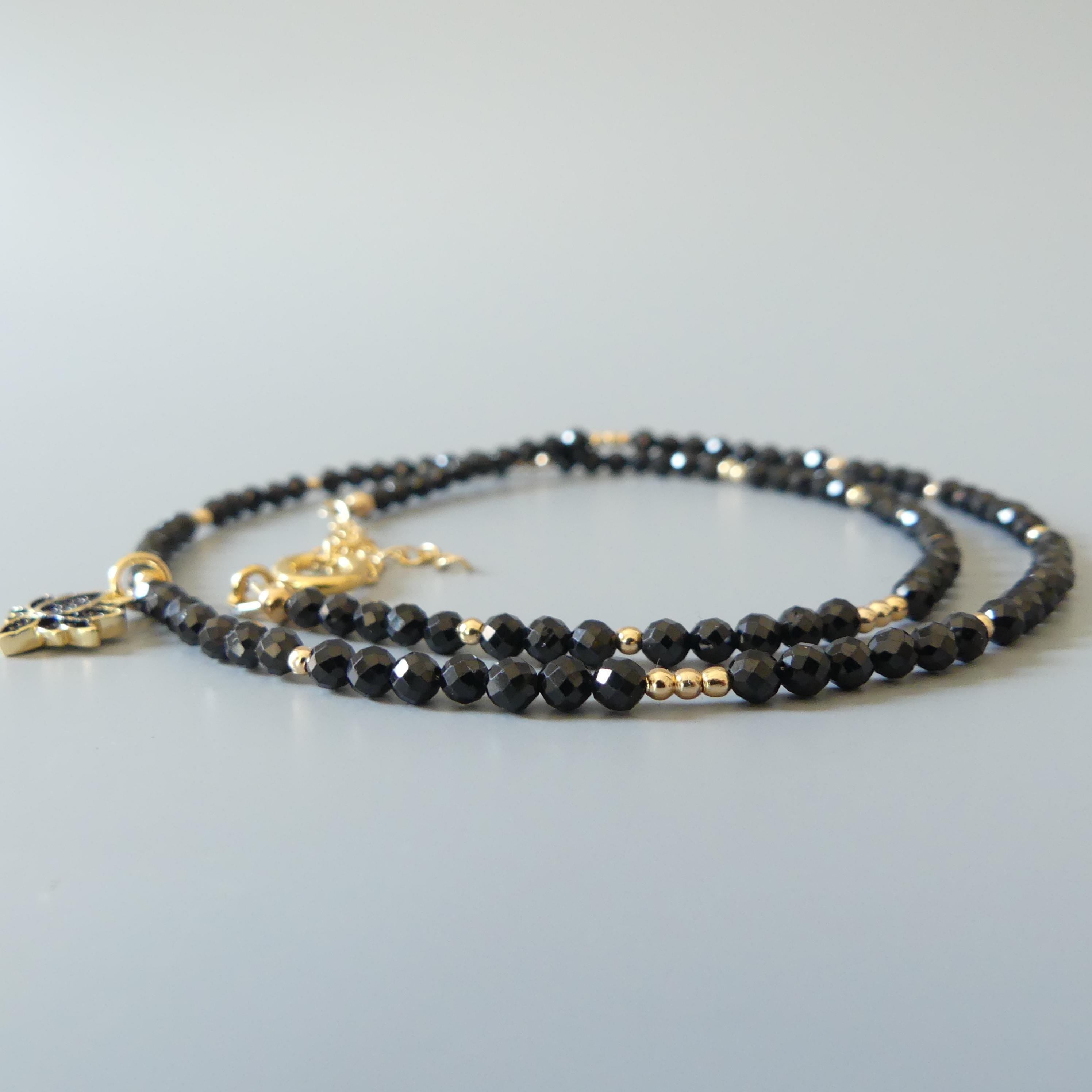 Dainty Black Spinel Beaded Necklace Sparkly Lotus Gold Pendant Gemstone Delicate Cute Choker Crystal Layering Jewelry Mom Birthday Christmas