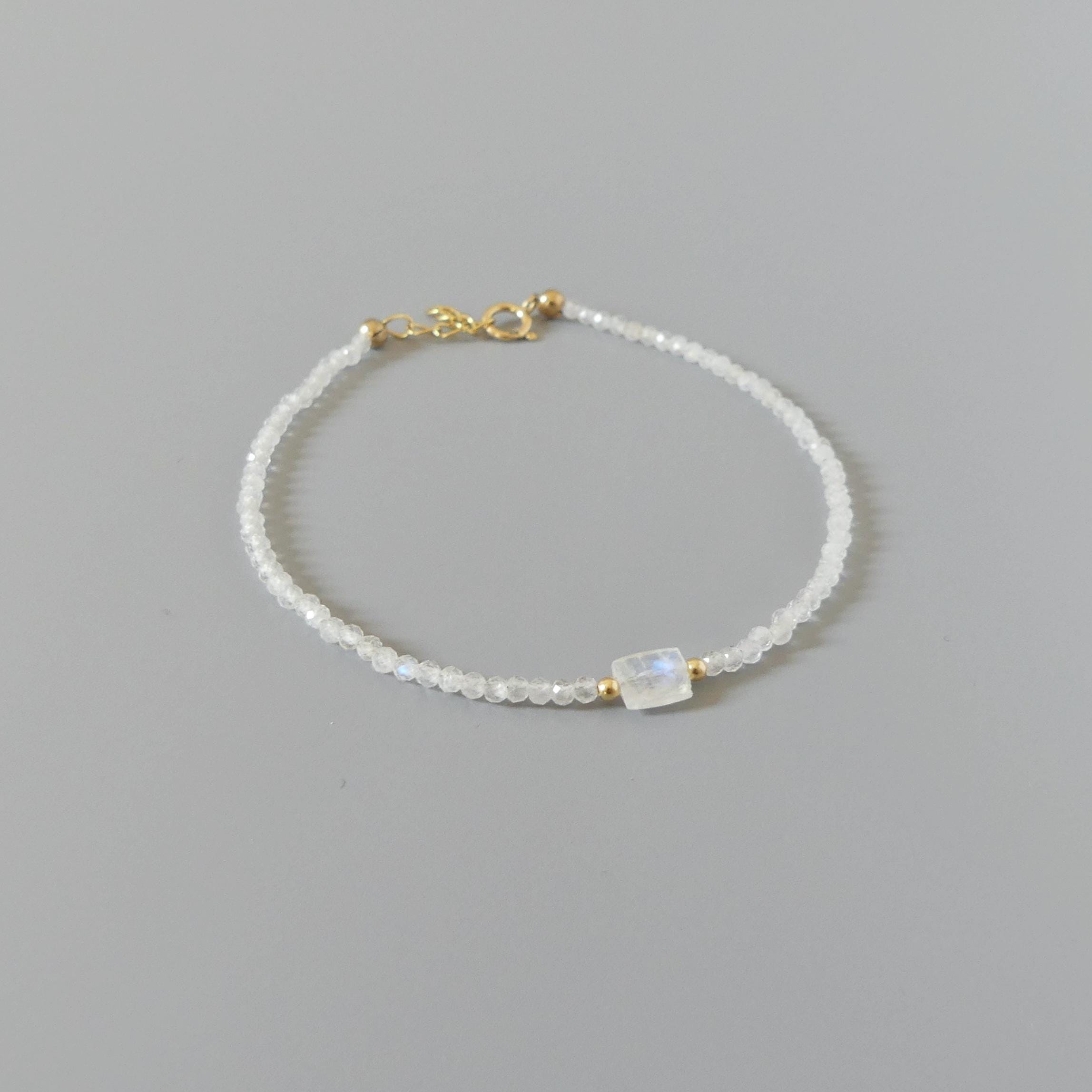 Tiny Moonstone Bracelet Dainty Gemstone Beaded Jewelry Trendy Stacking Bracelet Minimalist June Birthstone Gift Birthday Mom Wife Sister
