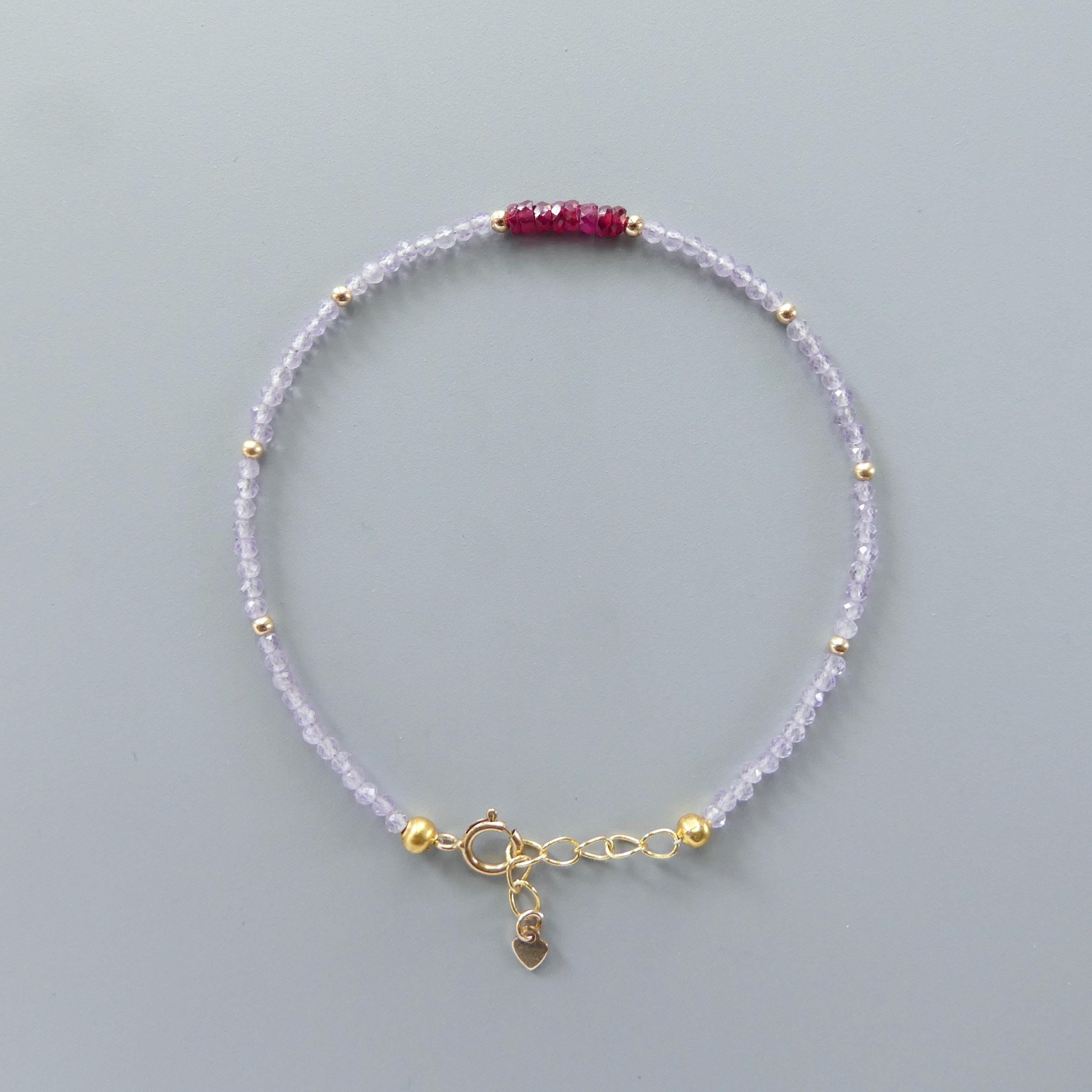 Tiny Pink Amethyst and Longido Ruby Bracelet - Dainty Minimalist Jewelry