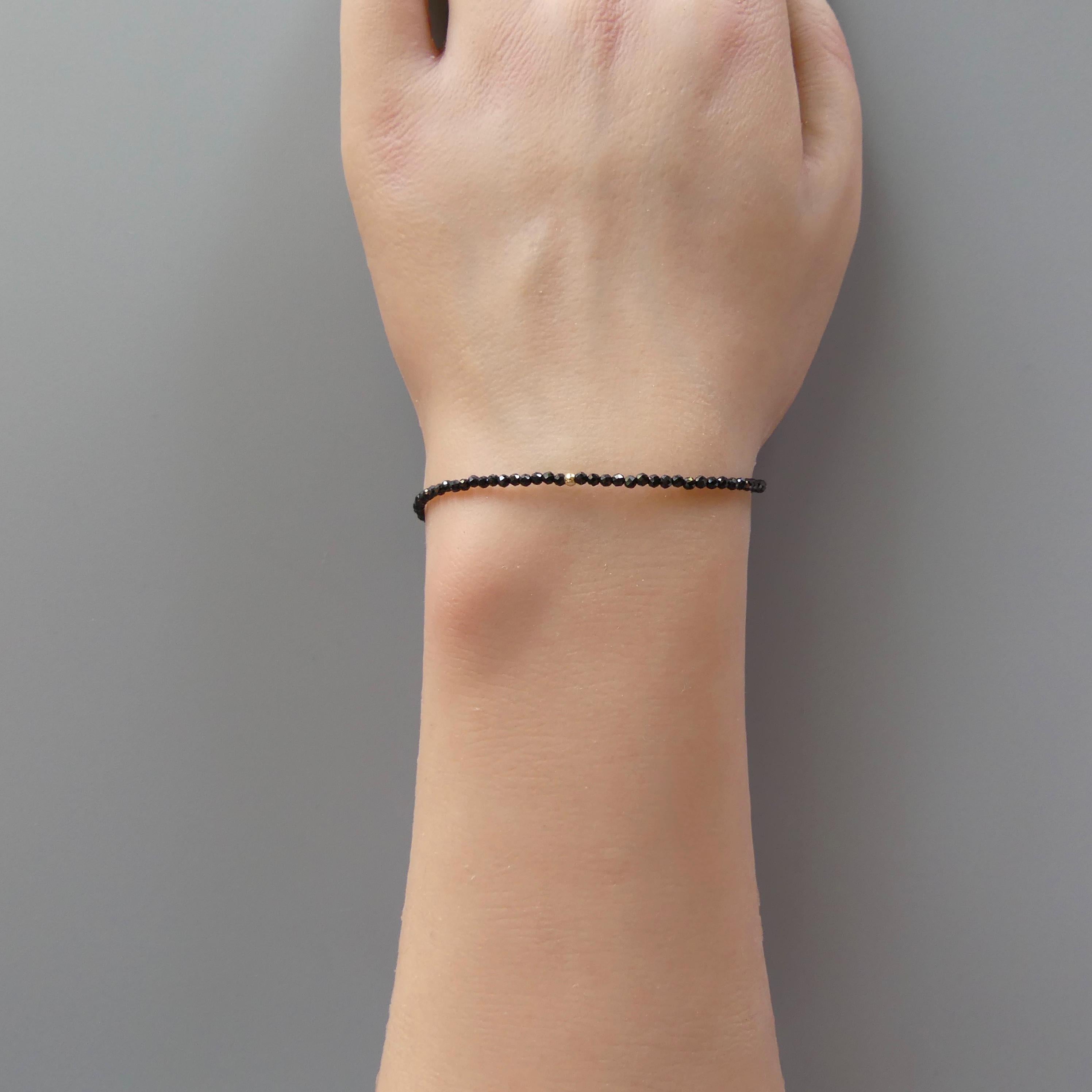 Tiny Black Tourmaline Bracelet Dainty Minimalist 1.5mm Jewelry