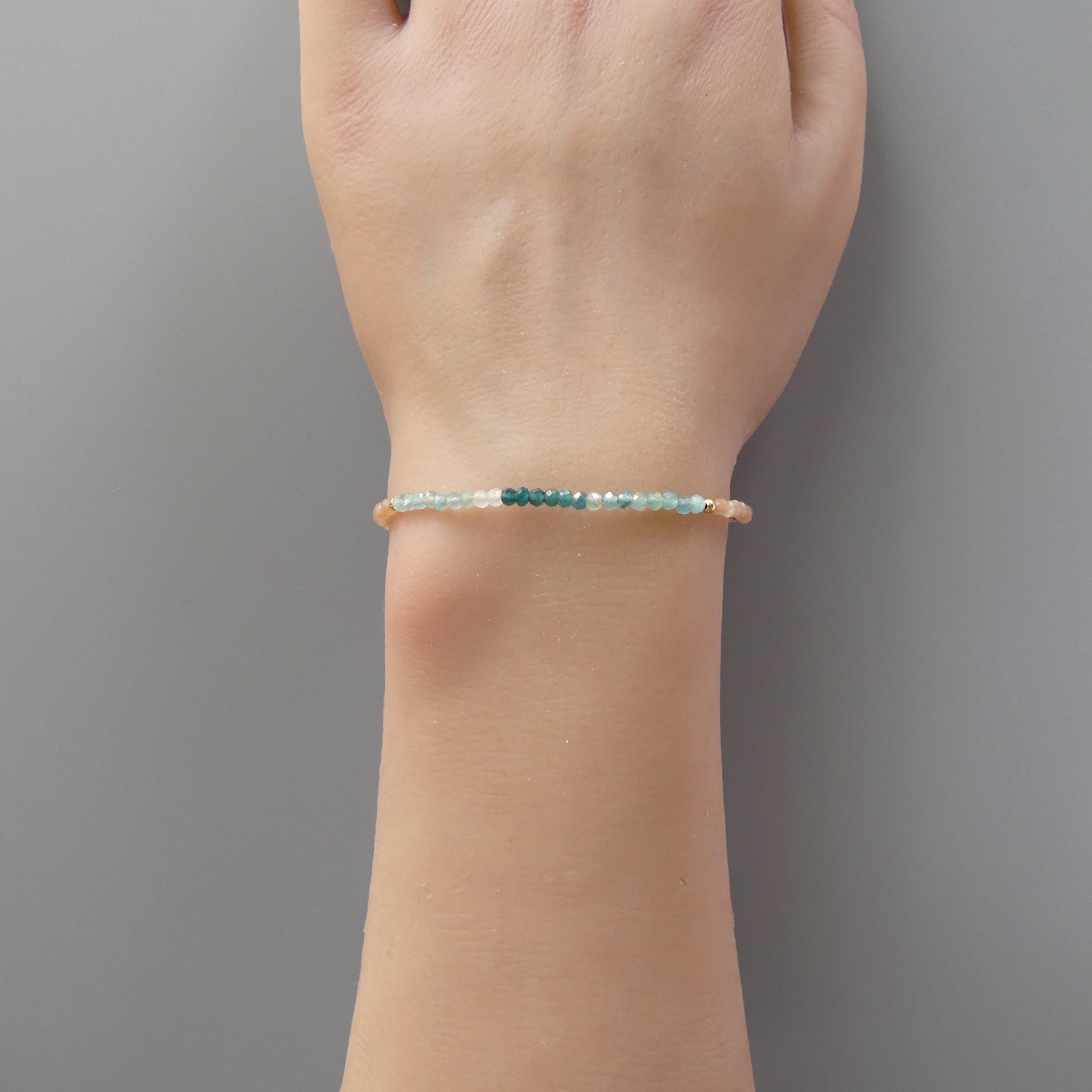 Tiny Ombre Grandidierite and Peach Moonstone Bracelet -Dainty Beaded Jewelry