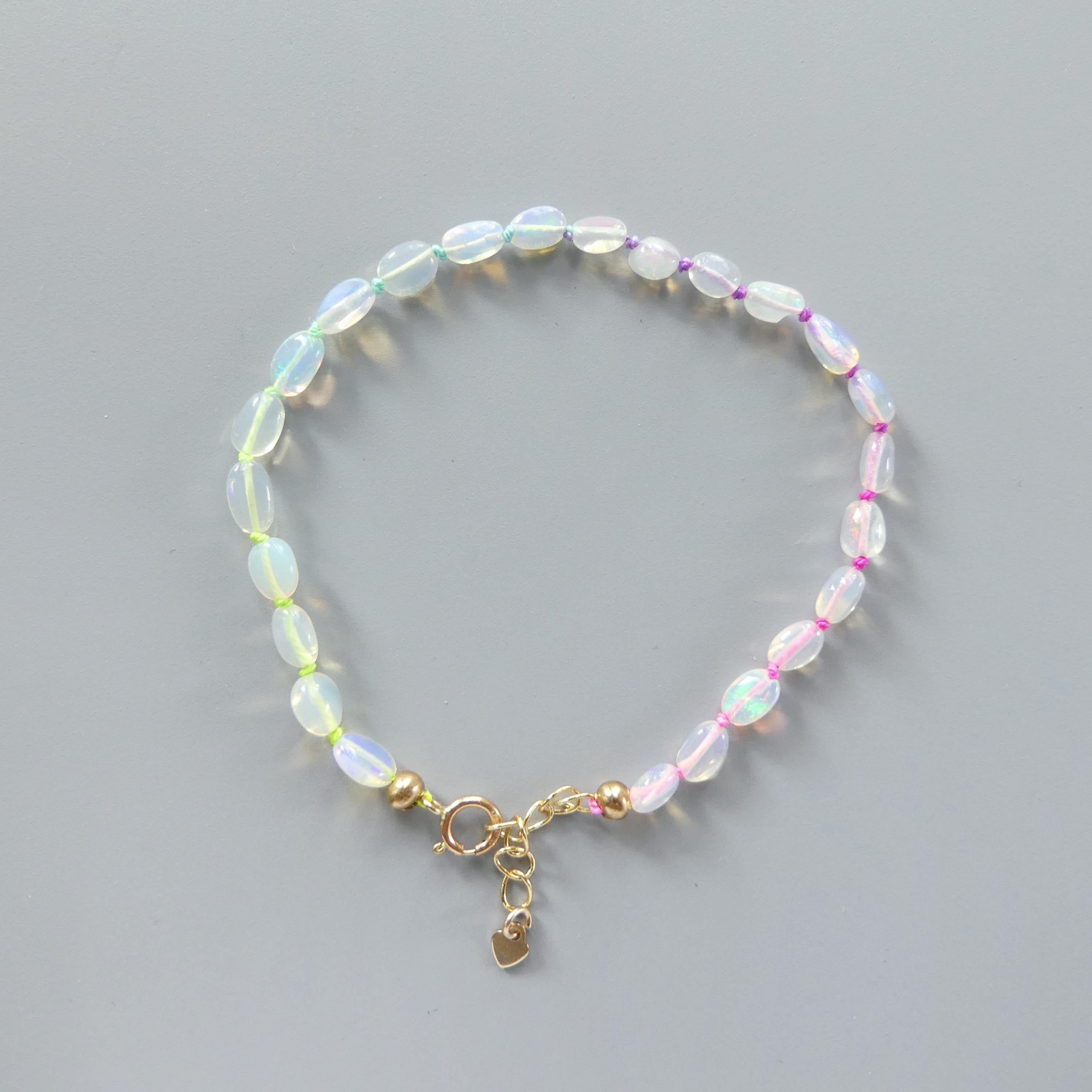 Tiny Opal Knot Bracelet Dainty Rainbow Neon Silk Knotted Jewelry Minimalist Bracelet Crystal October Birthstone Birthday Gift for Women