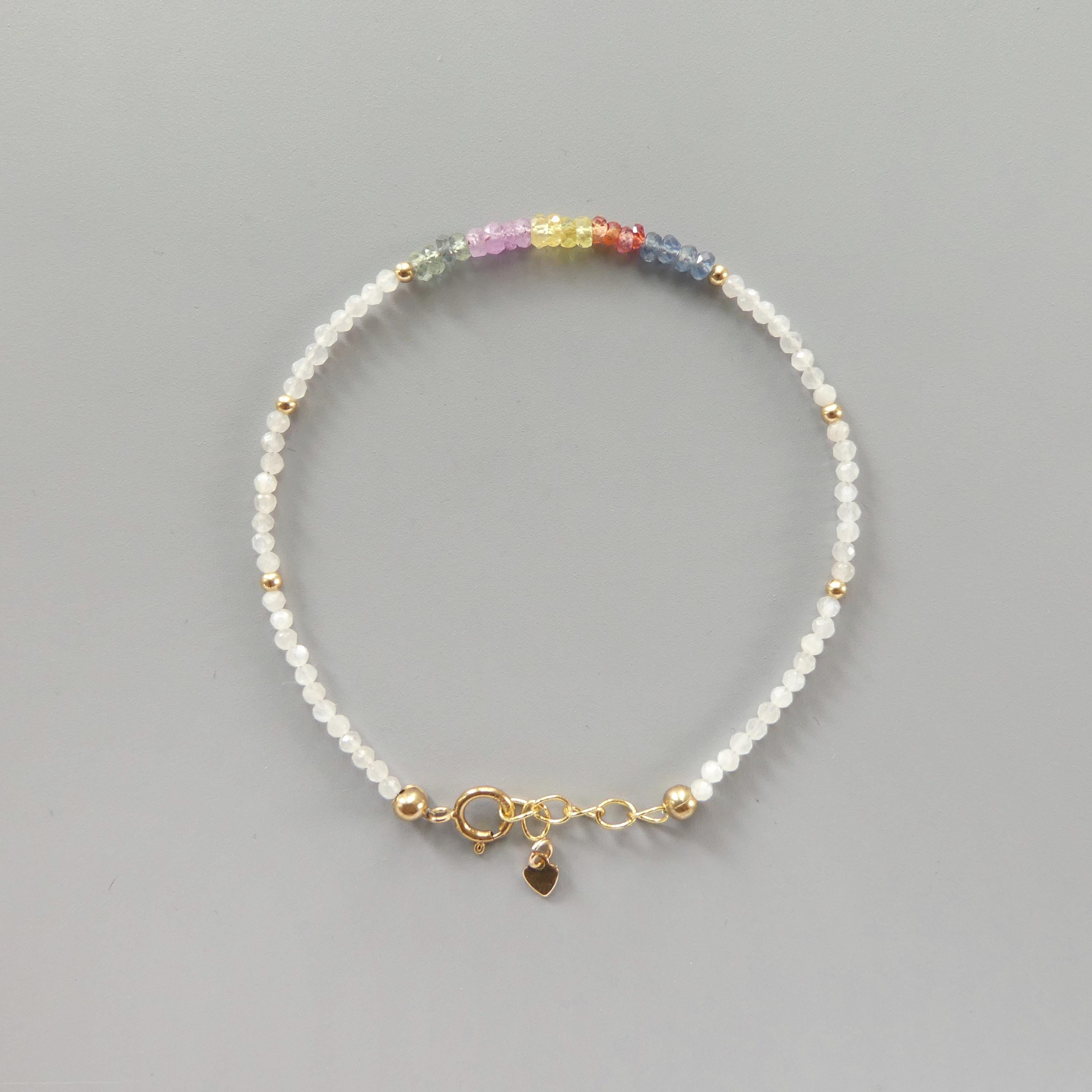 Tiny Multi Sapphire and White Moonstone Bracelet- Dainty Colorful Jewelry