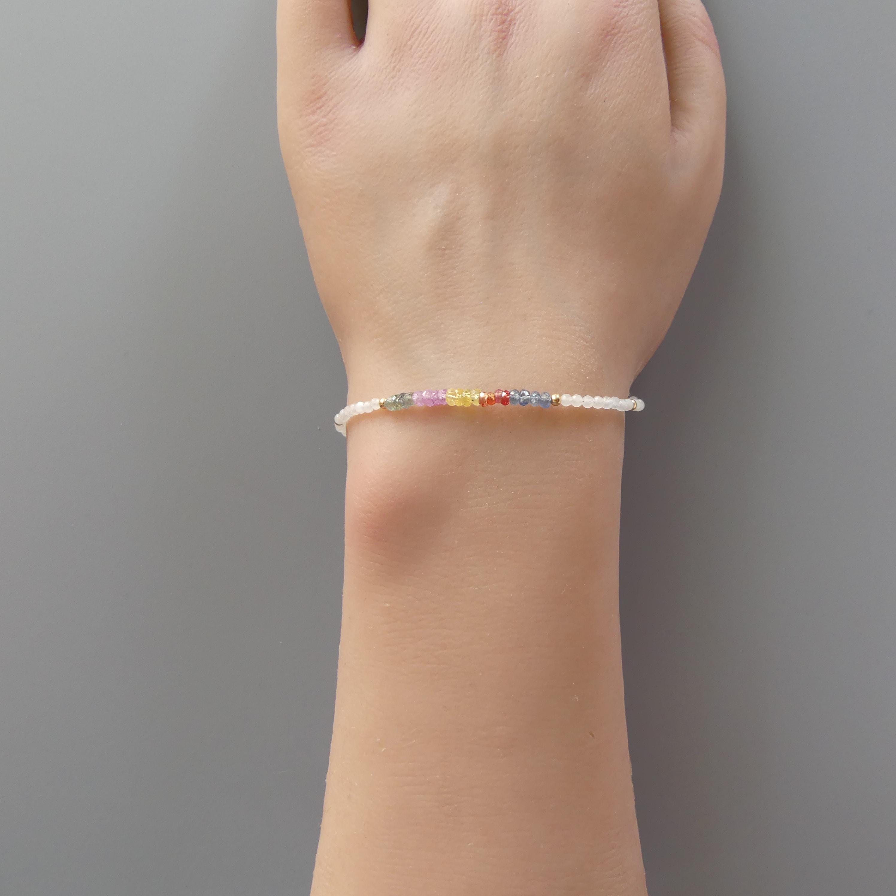Tiny Multi Sapphire and White Moonstone Bracelet- Dainty Colorful Jewelry