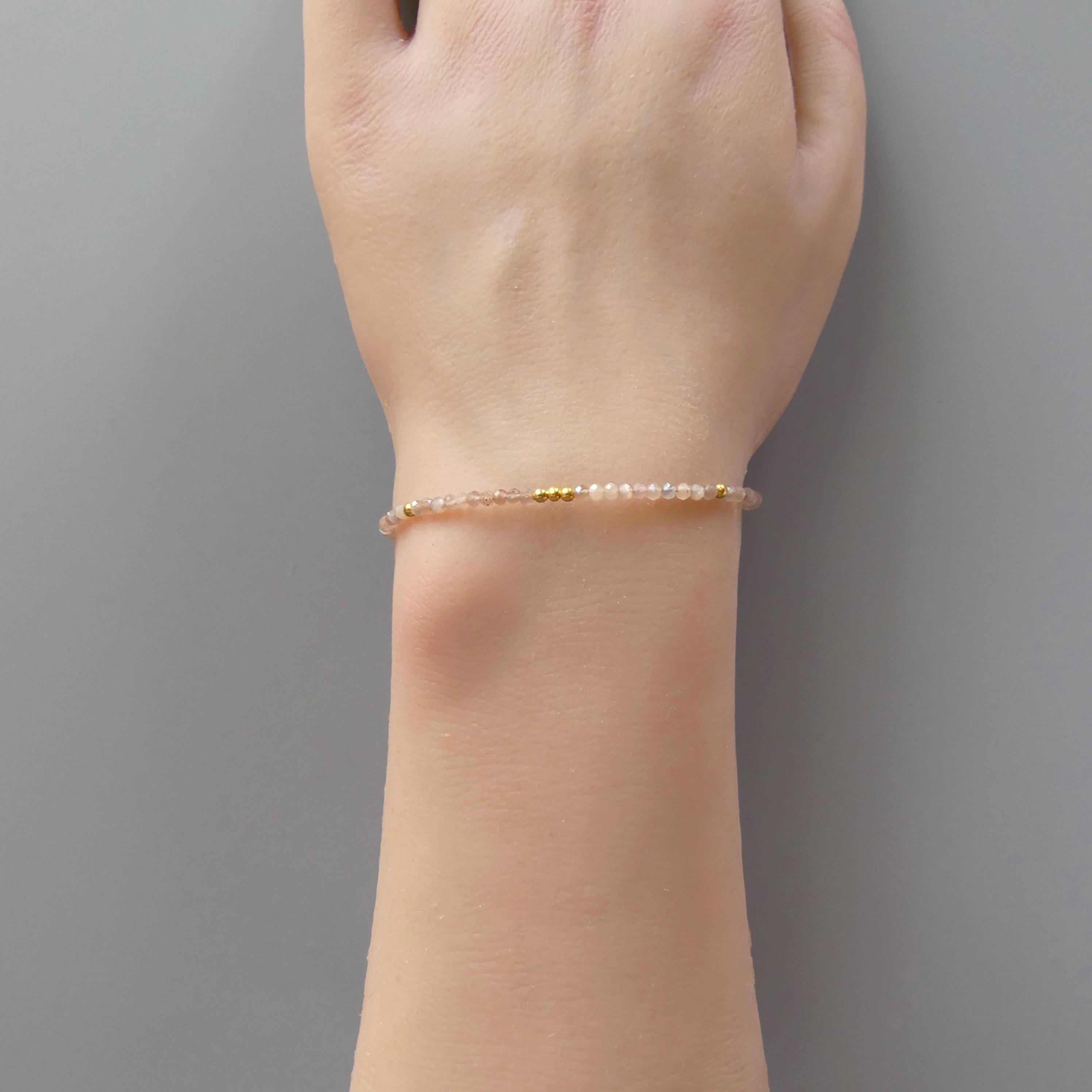 Tiny Chocolate Moonstone Bracelet Dainty Gemstone Beaded Jewelry Minimalist June Birthstone Birthday Gift for Women Mom Wife Friend Daughter