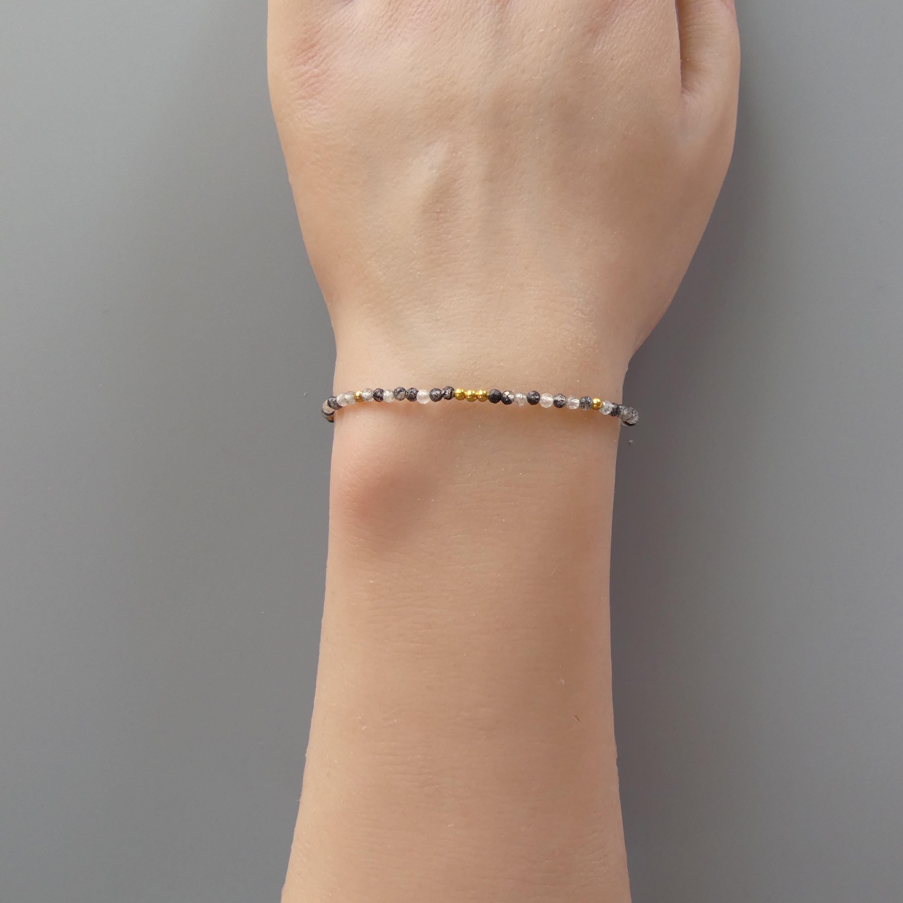 Tiny Rutilated Quartz Bracelet Dainty Turmalinated Gemstone Beaded Crystal Jewelry Minimalist Stacking Bracelet Birthday Gift Daughter Wife