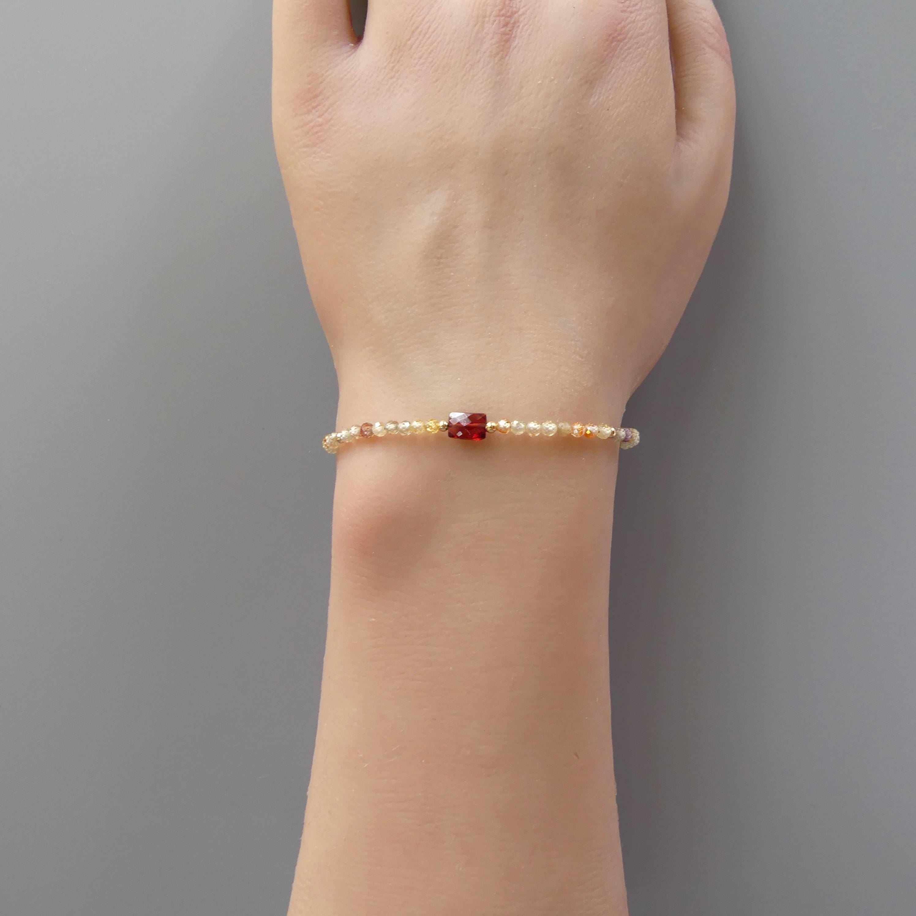Tiny Zircon and Garnet Bracelet -Dainty Gemstone Beaded Jewelry