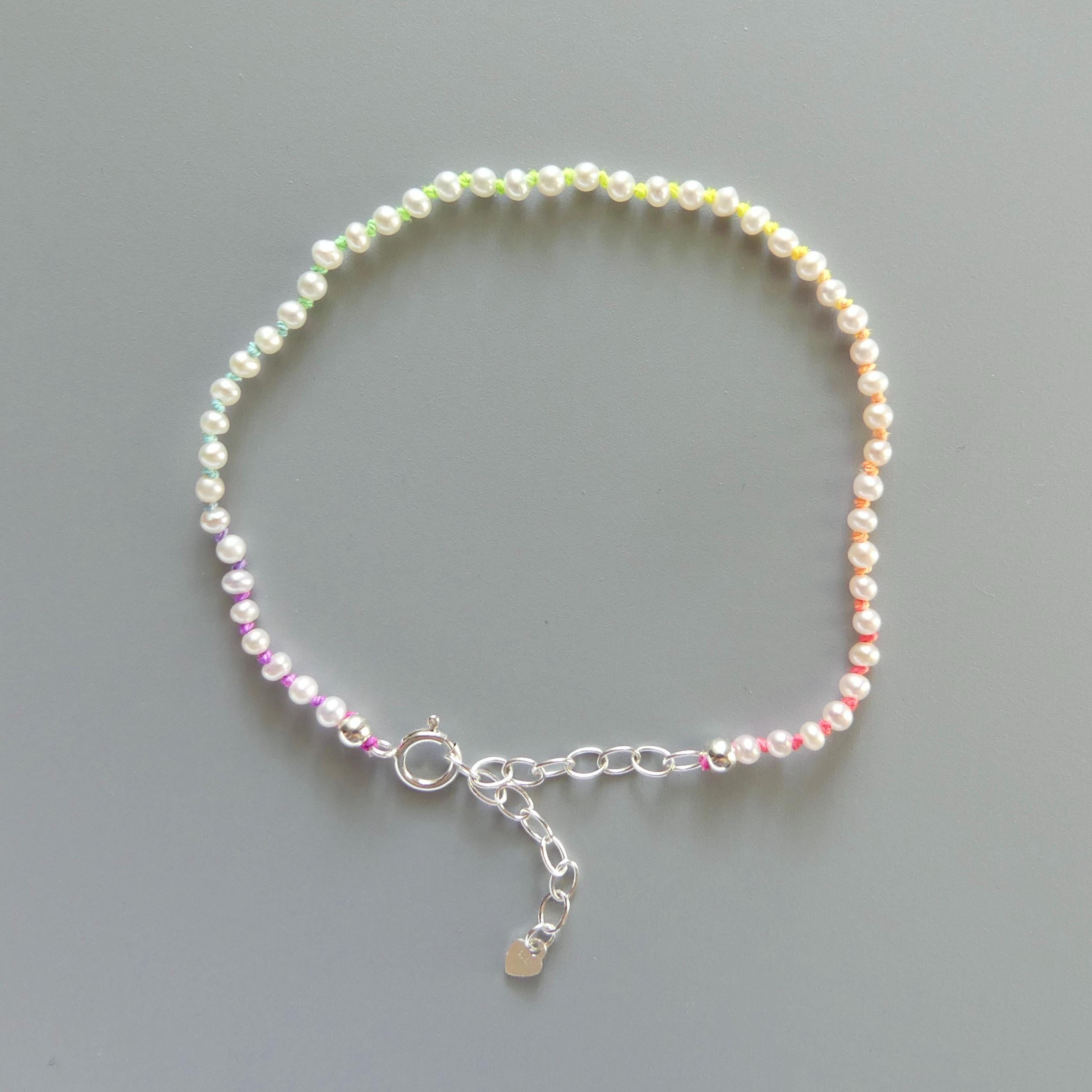 Tiny Pearl Knot Bracelet Dainty Rainbow Neon Silk Knotted Jewelry Minimalist Freshwater Pearl June Birthstone Birthday Gift 30th Anniversary
