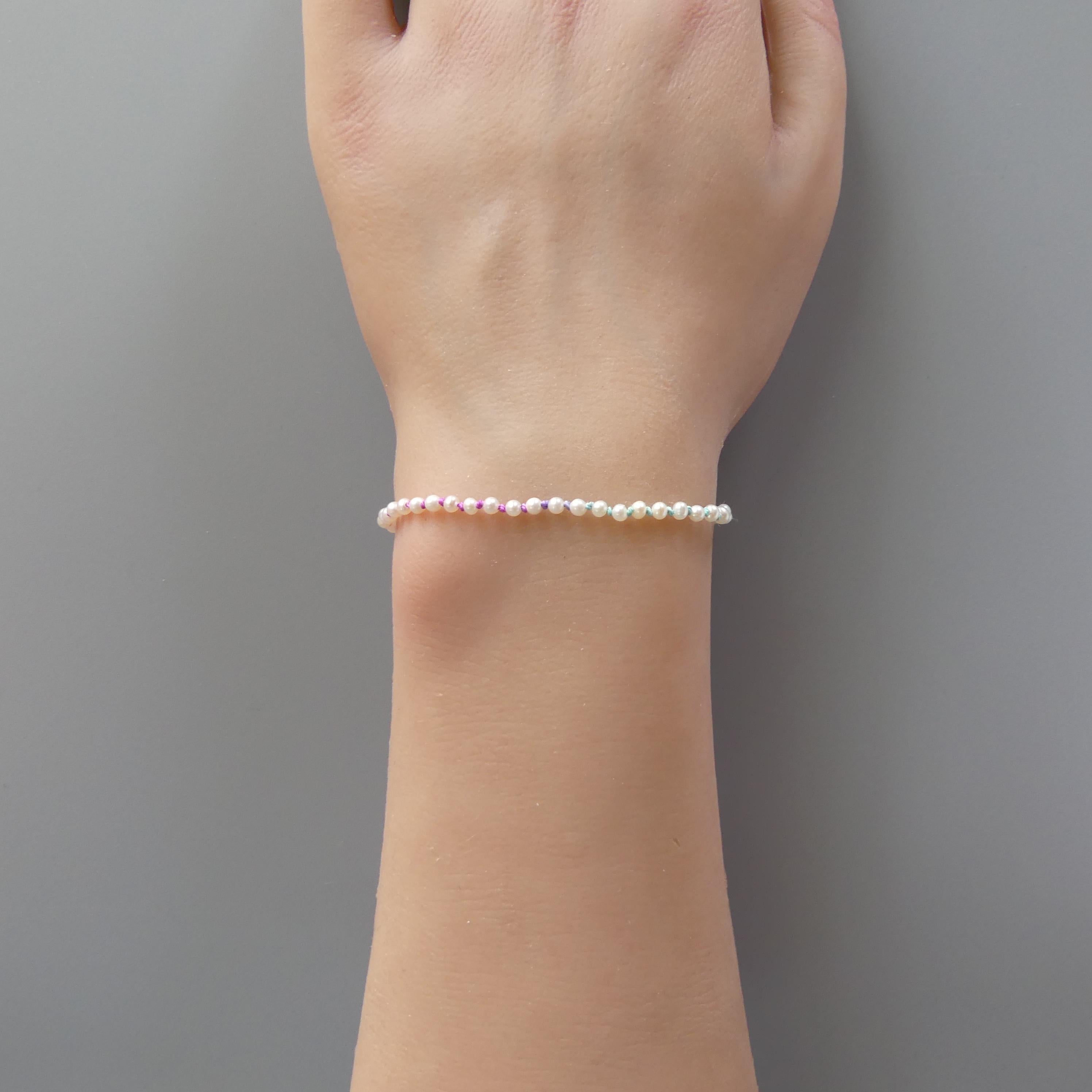 Tiny Pearl Knot Bracelet Dainty Rainbow Neon Silk Knotted Jewelry Minimalist Freshwater Pearl June Birthstone Birthday Gift 30th Anniversary