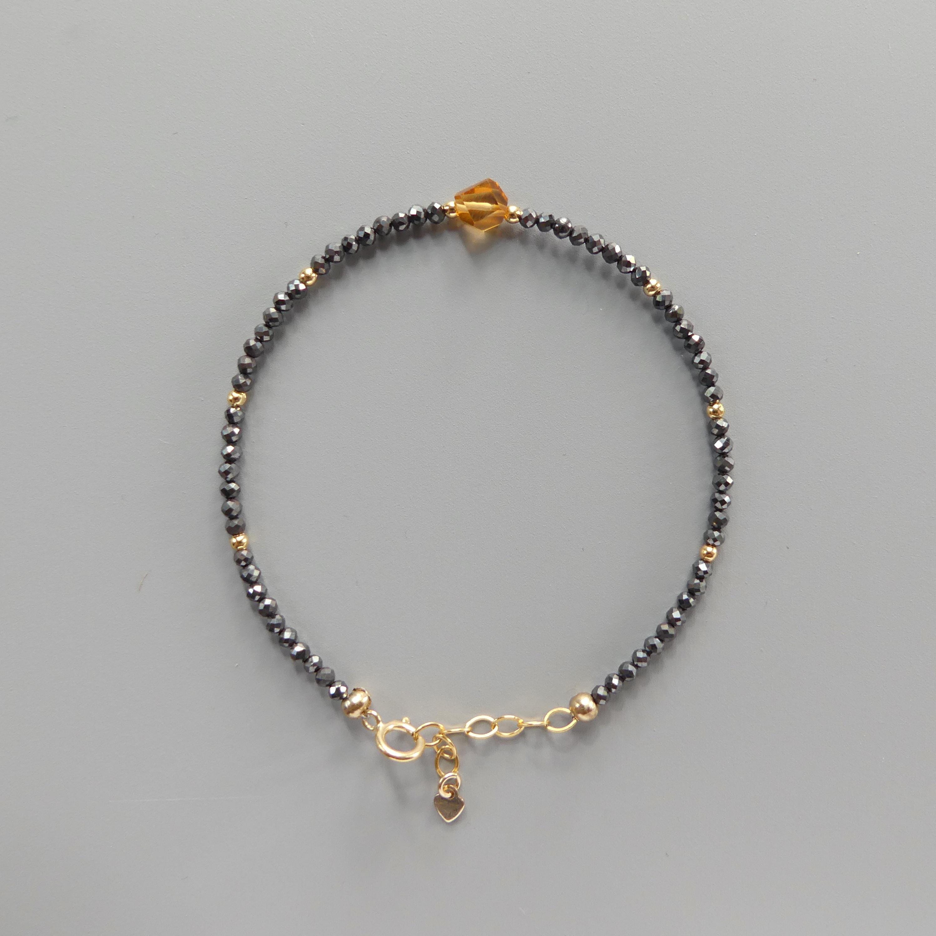 Tiny Hematite Bracelet with Madeira Citrine -Dainty Minimalist Jewelry