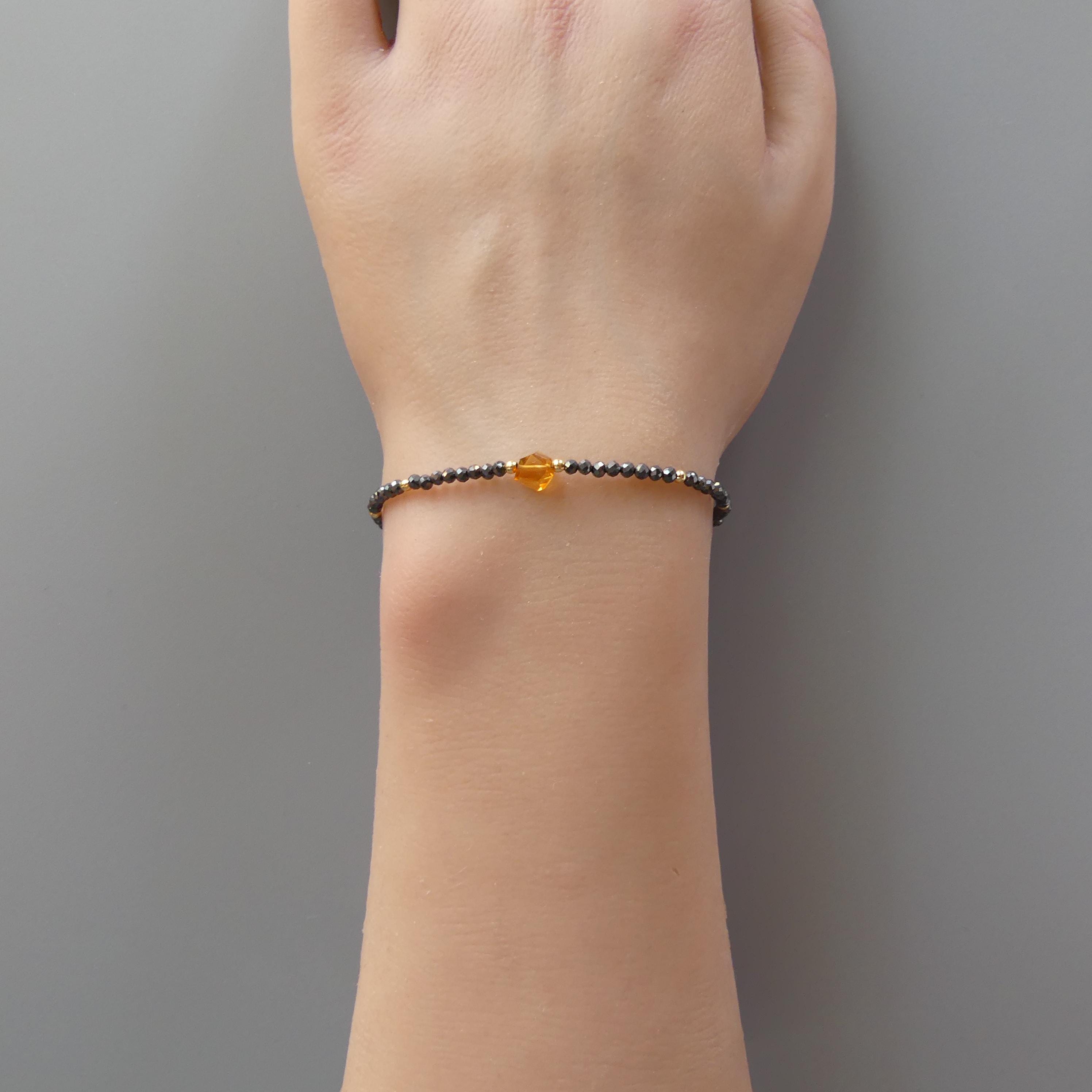 Tiny Hematite Bracelet with Madeira Citrine -Dainty Minimalist Jewelry
