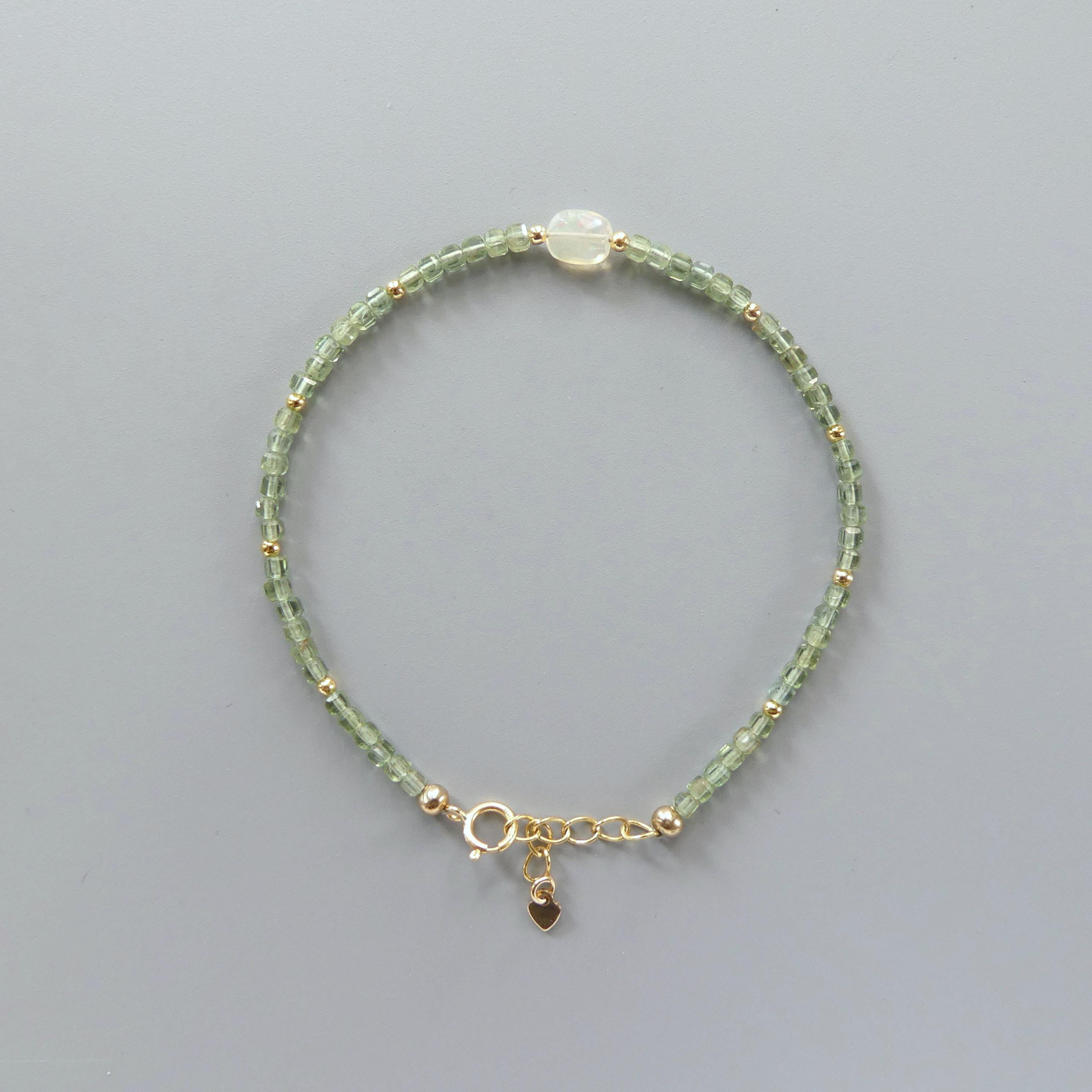 Tiny Green Apatite with Ethiopian Opal Bracelet - Dainty Minimalist Jewelry