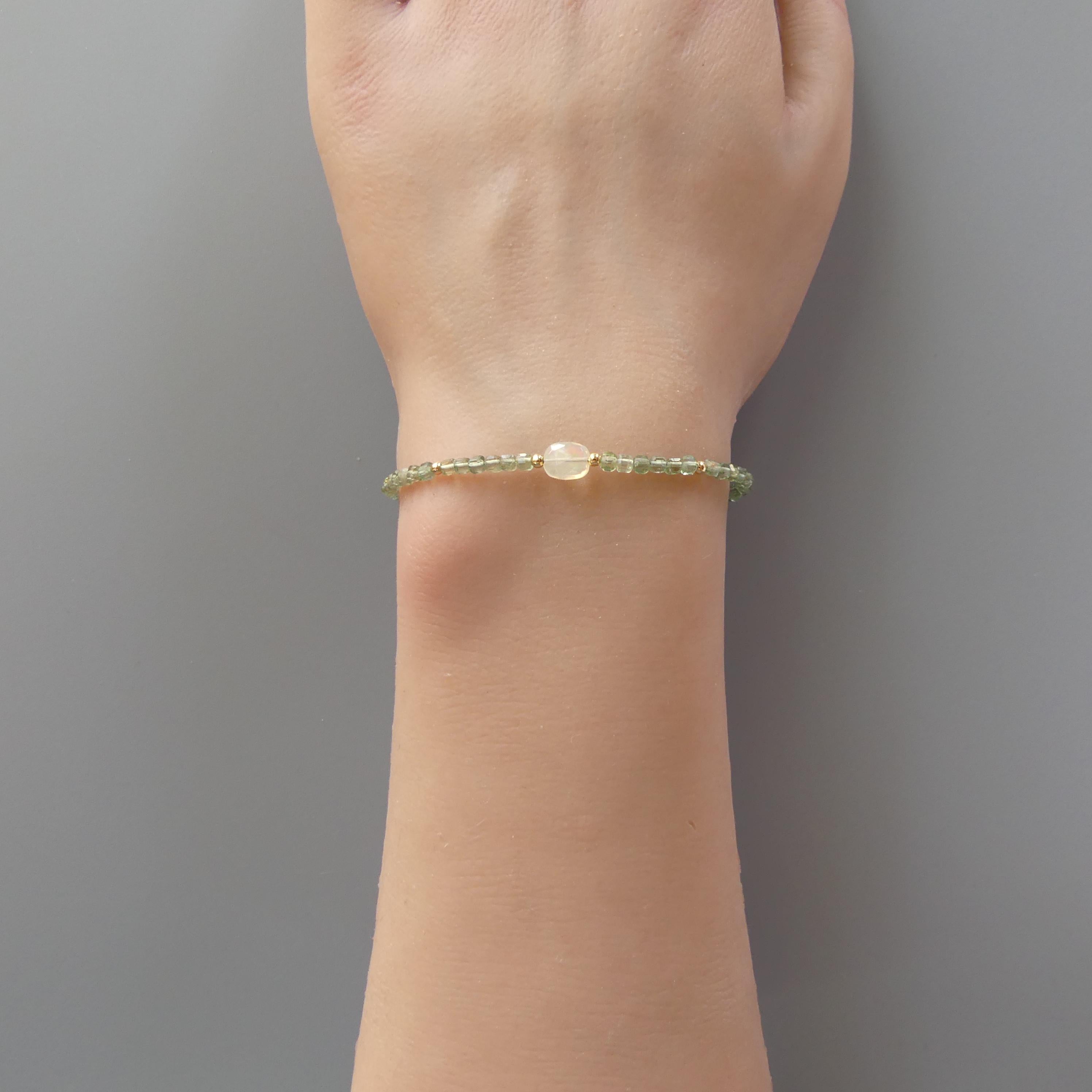 Tiny Green Apatite with Ethiopian Opal Bracelet - Dainty Minimalist Jewelry