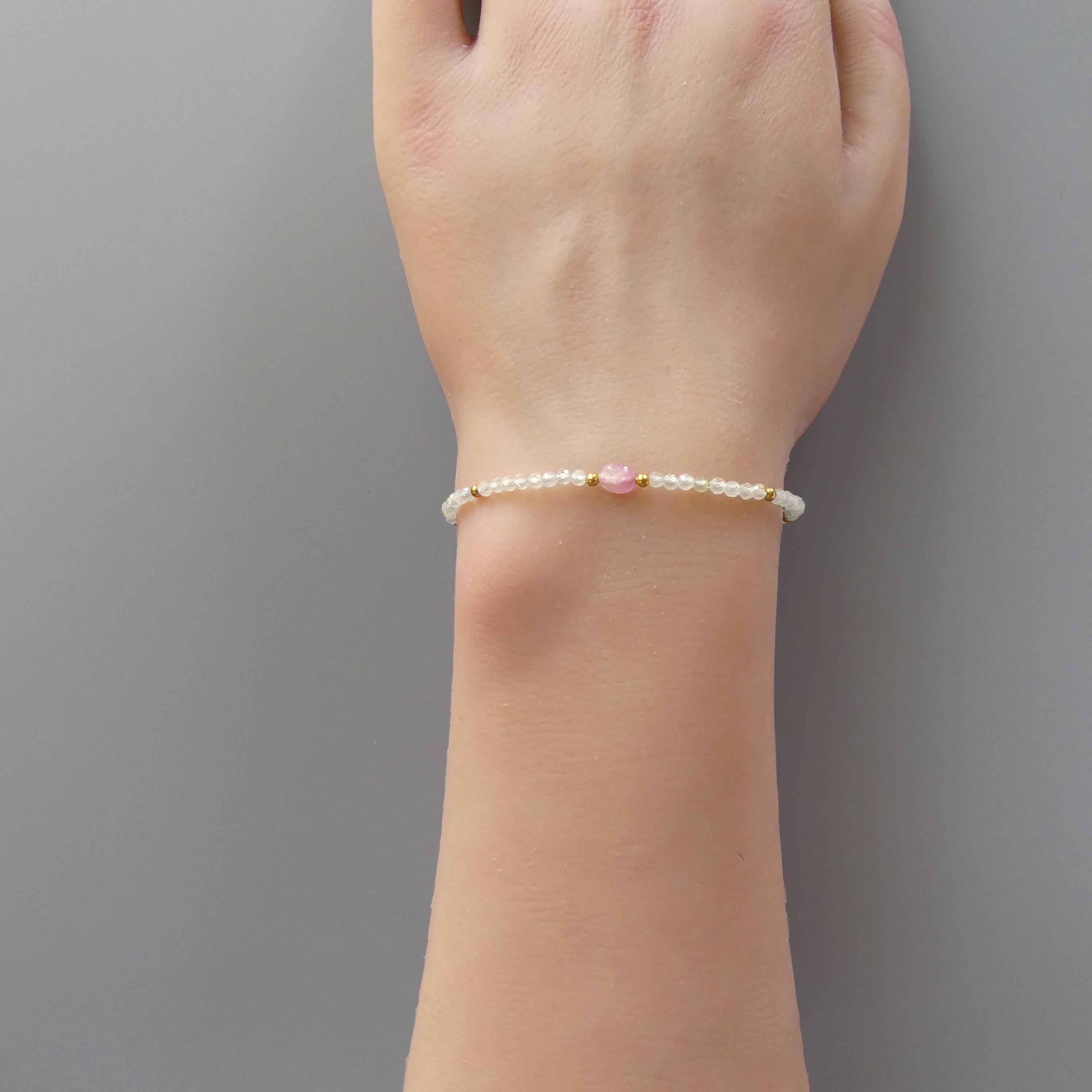 Tiny Prehnite Bracelet Dainty Pink Tourmaline Gemstone Beaded Bracelet Crystal Jewelry Minimalist October Birthstone Birthday Gift for Women
