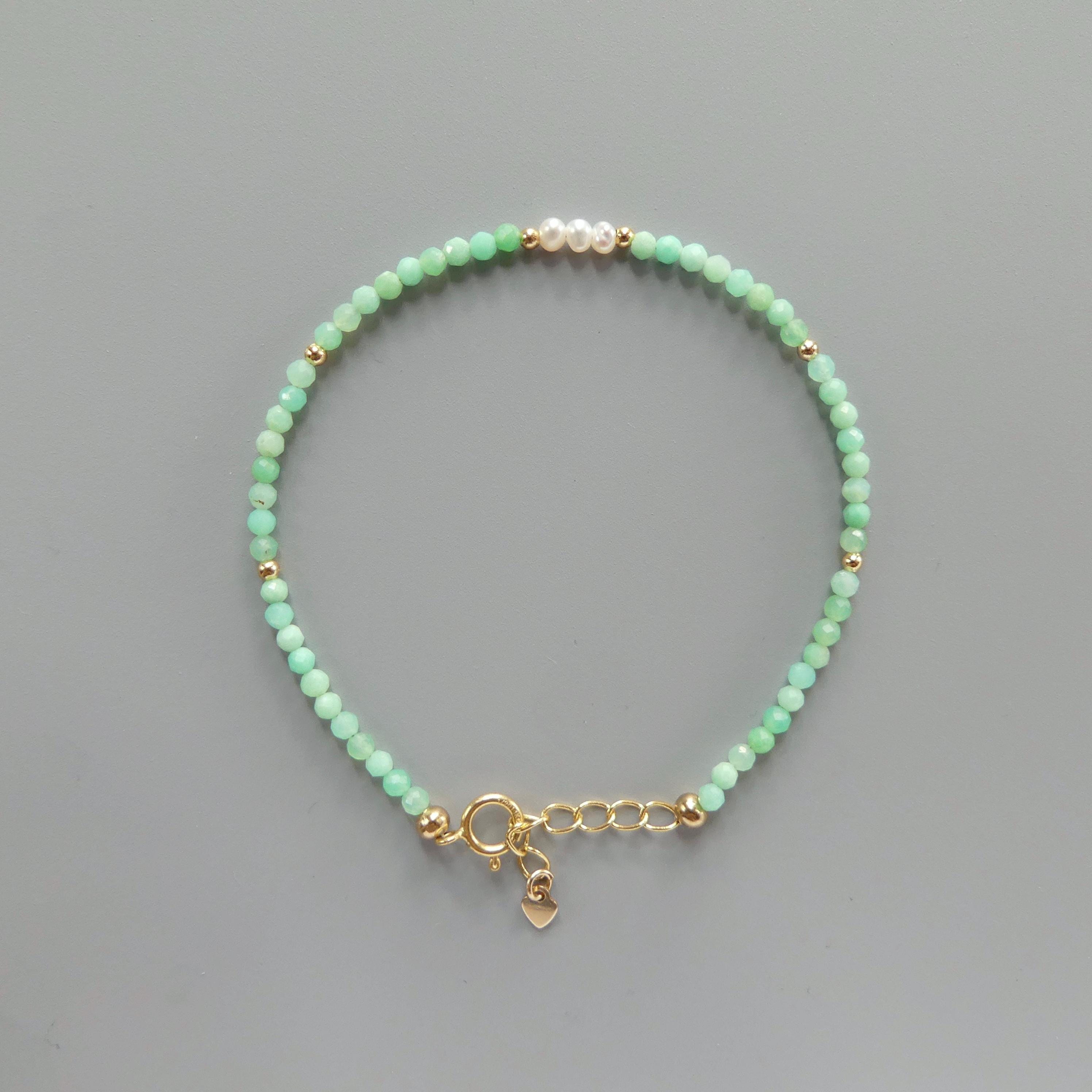 Tiny Chrysoprase and Pearls Bracelet - Dainty Pastel Gemstone Jewelry