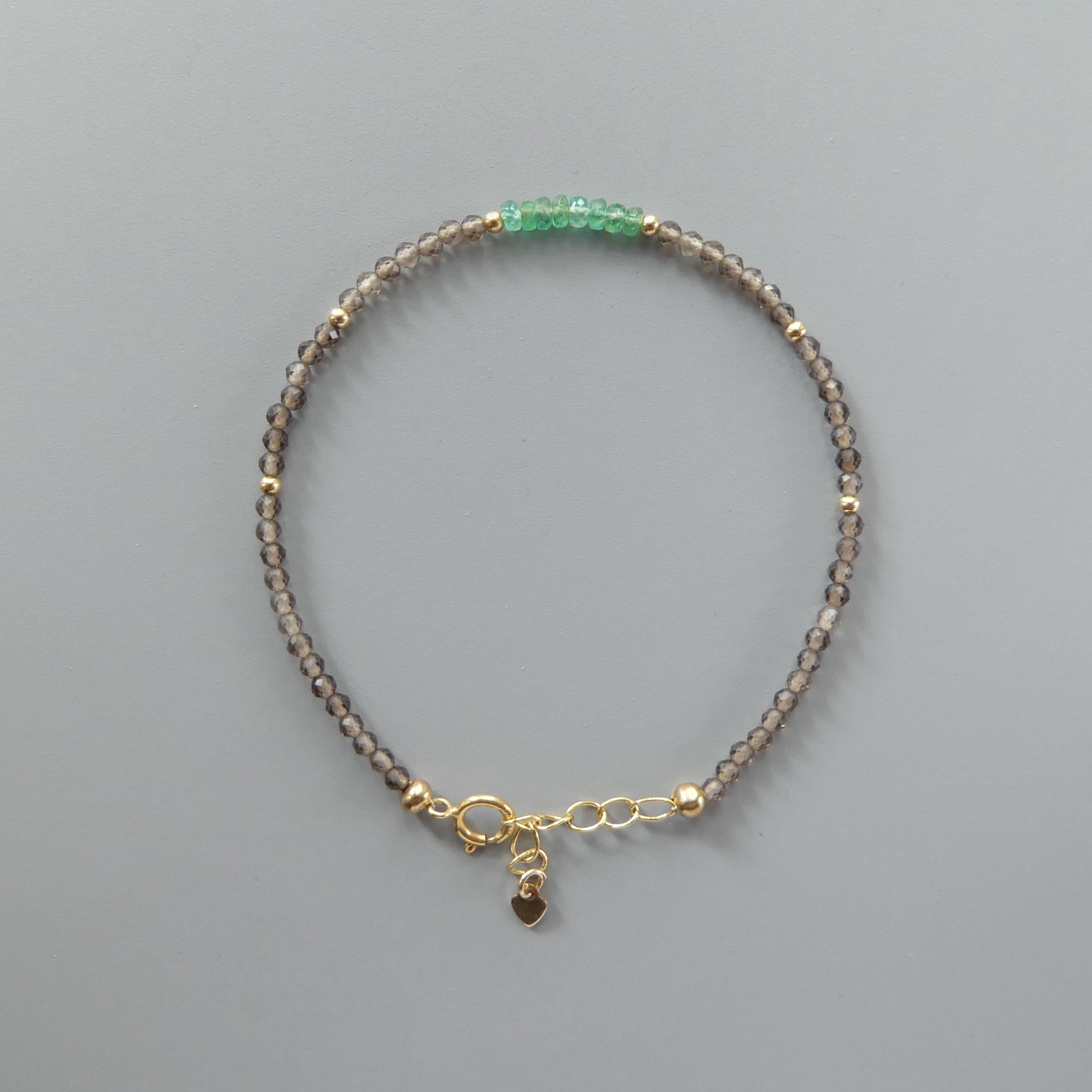Tiny Zambian Emerald and Smoky Quartz Bracelet - Gemstone Beaded Jewelry