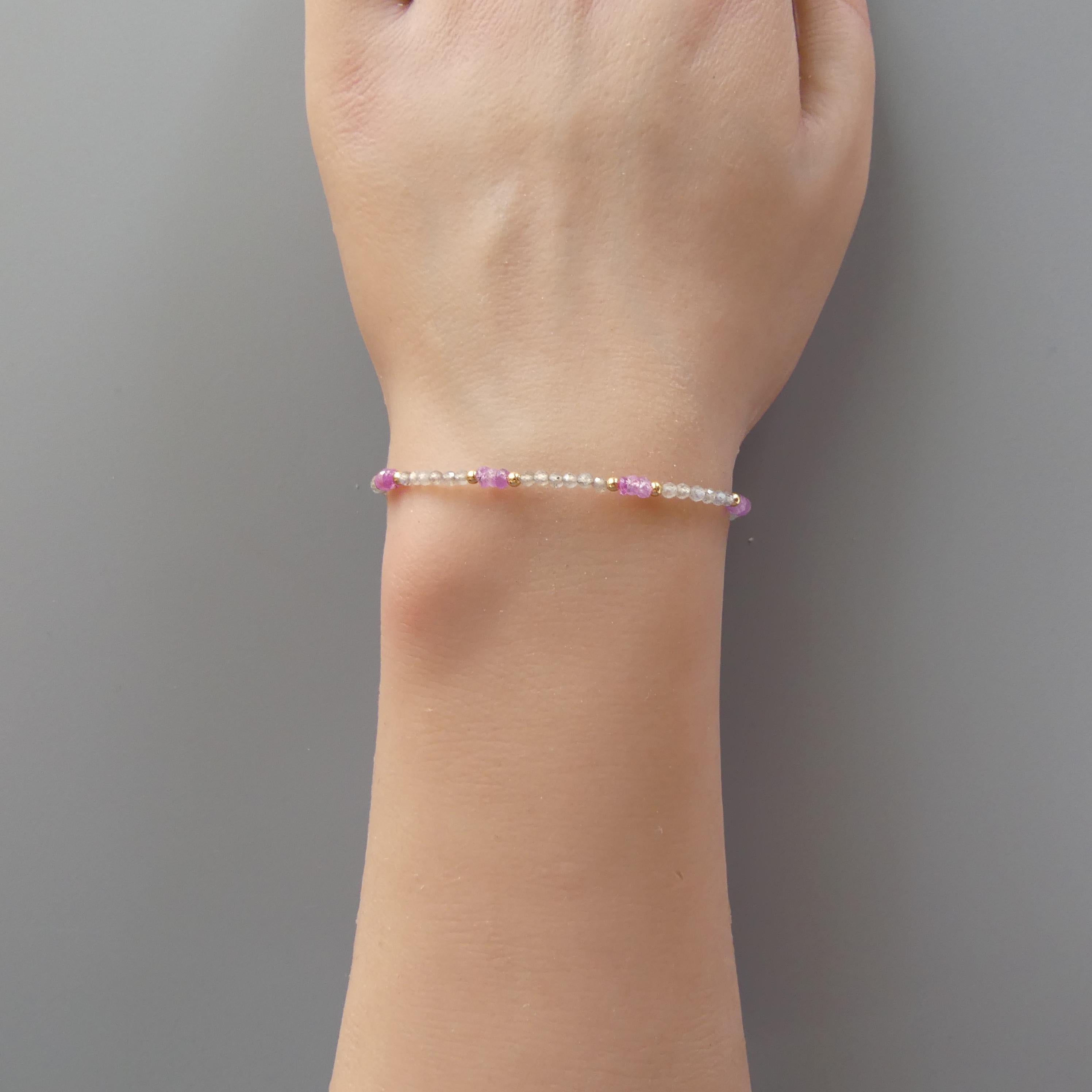 Tiny Pink Sapphire and Labradorite Bracelet - Dainty Beaded Jewelry