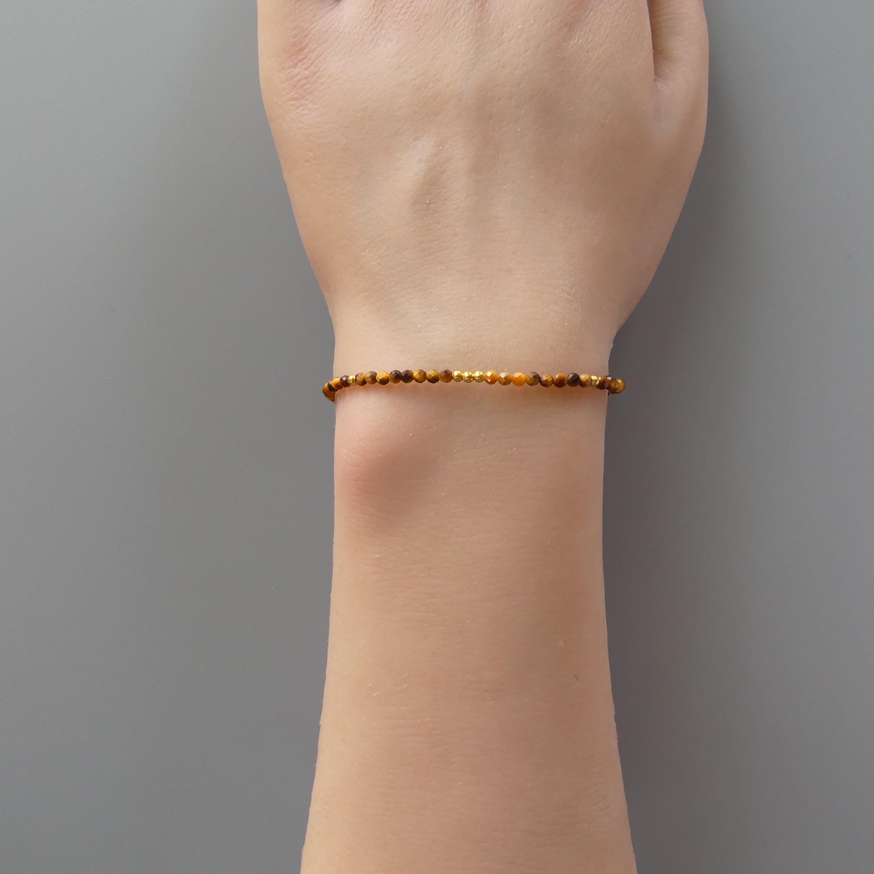 Tiny Tiger Eye Bracelet with Peridot -Dainty Beaded Jewelry