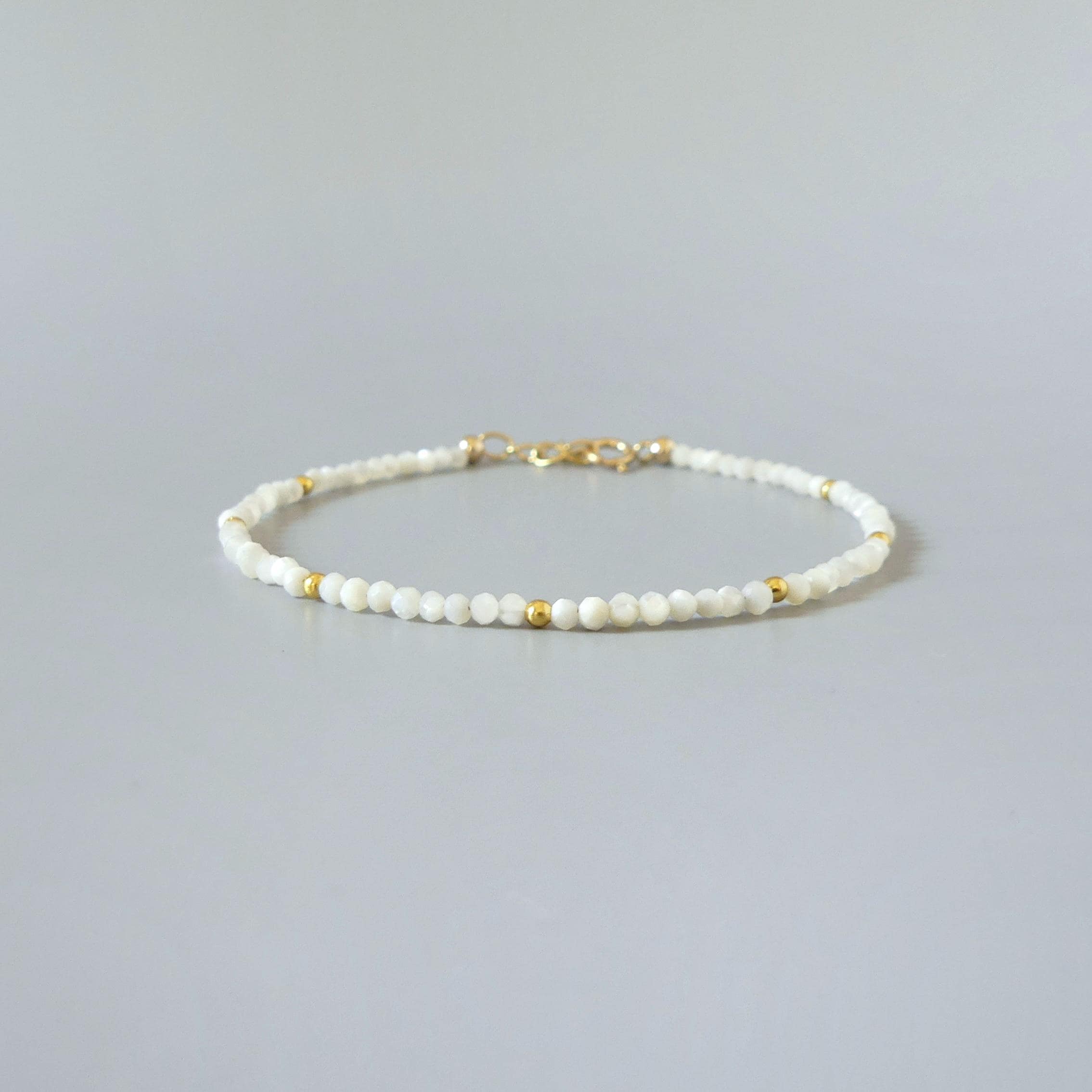 Tiny Mother of Pearl Bracelet Dainty Pearly White Small Bead Minimalist Jewelry Trendy June Birthstone Birthday Gift for Women Bridesmaids