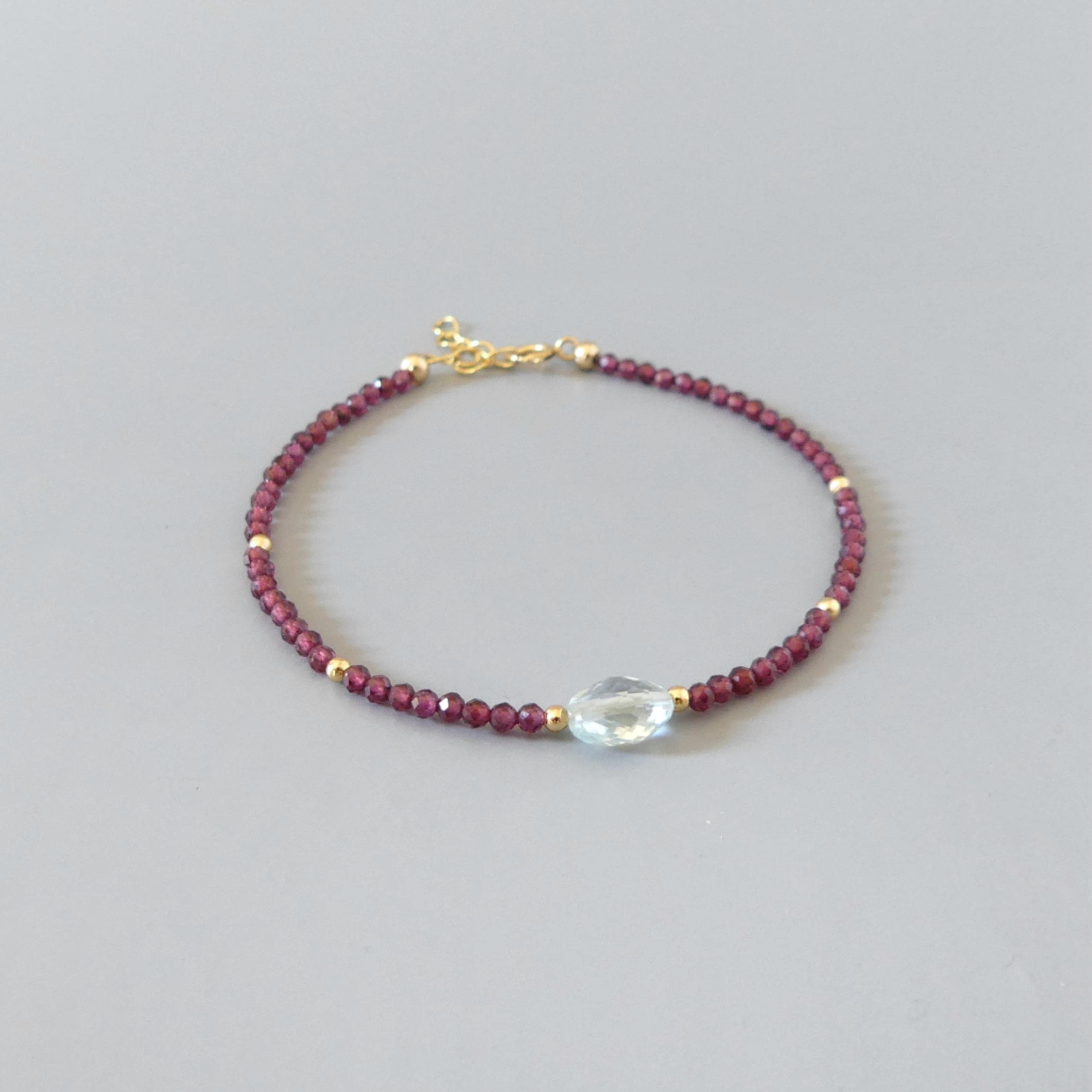 Tiny Garnet Bracelet with Aquamarine Dainty Crystal Minimalist Jewelry