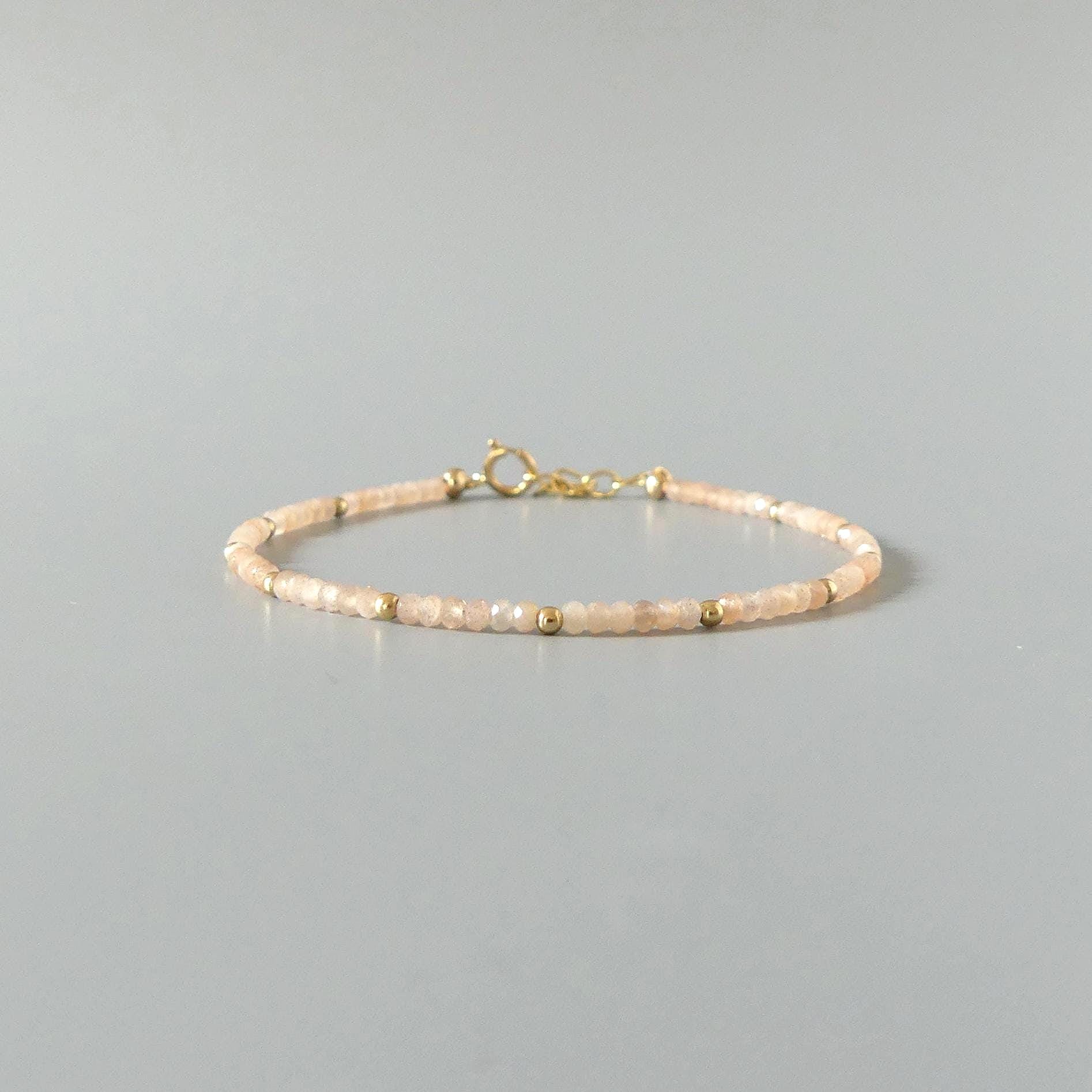 Tiny Peach Moonstone Bracelet Dainty Gemstone Beaded Jewelry