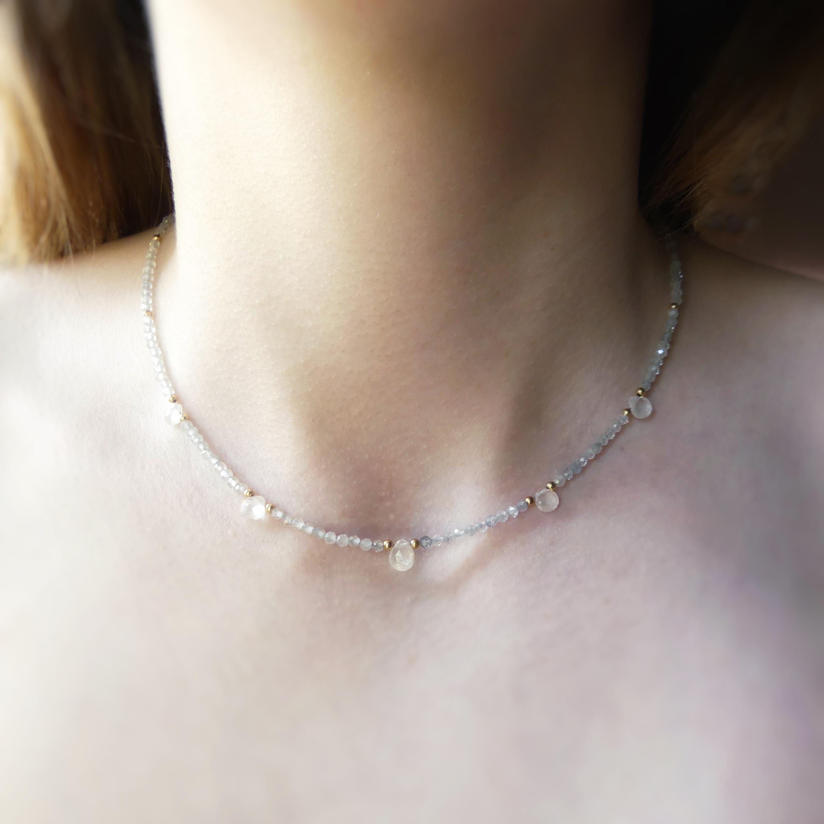 Tiny Diamond White Zircon Beaded Necklace Dainty Zircon Choker Sparkly Crystal Minimalist Jewelry Birthday Gift April Birthstone Wife Mom