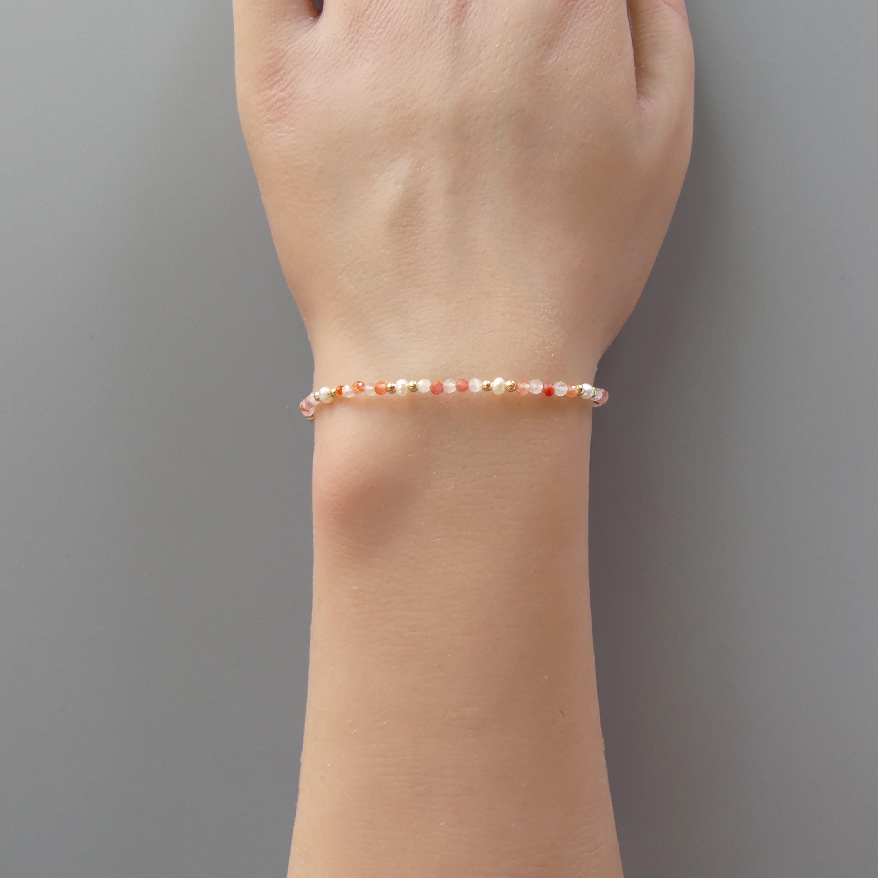 Tiny Carnelian, Rose Quartz, Pearl Bracelet -Dainty Minimalist Jewelry
