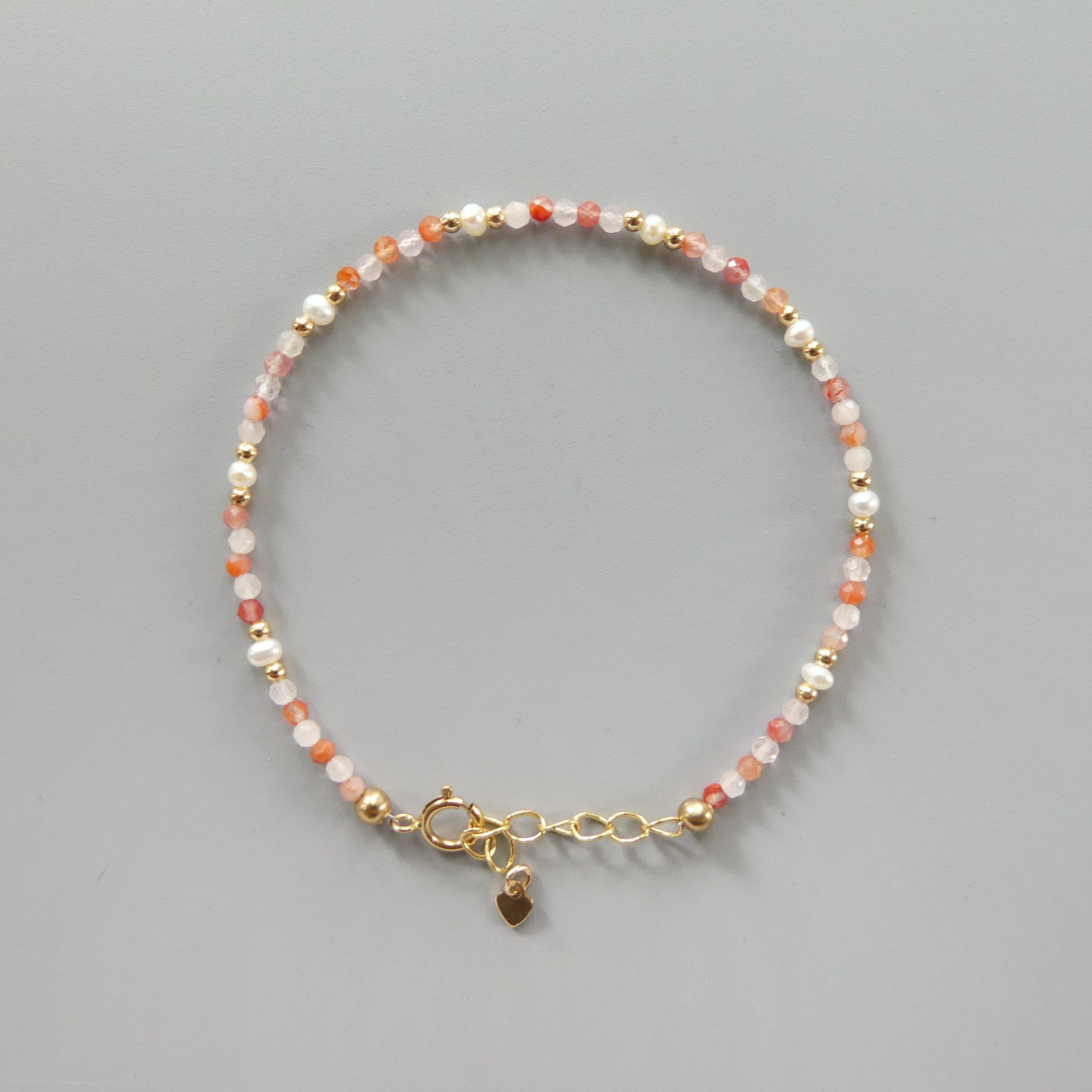 Tiny Carnelian, Rose Quartz, Pearl Bracelet -Dainty Minimalist Jewelry