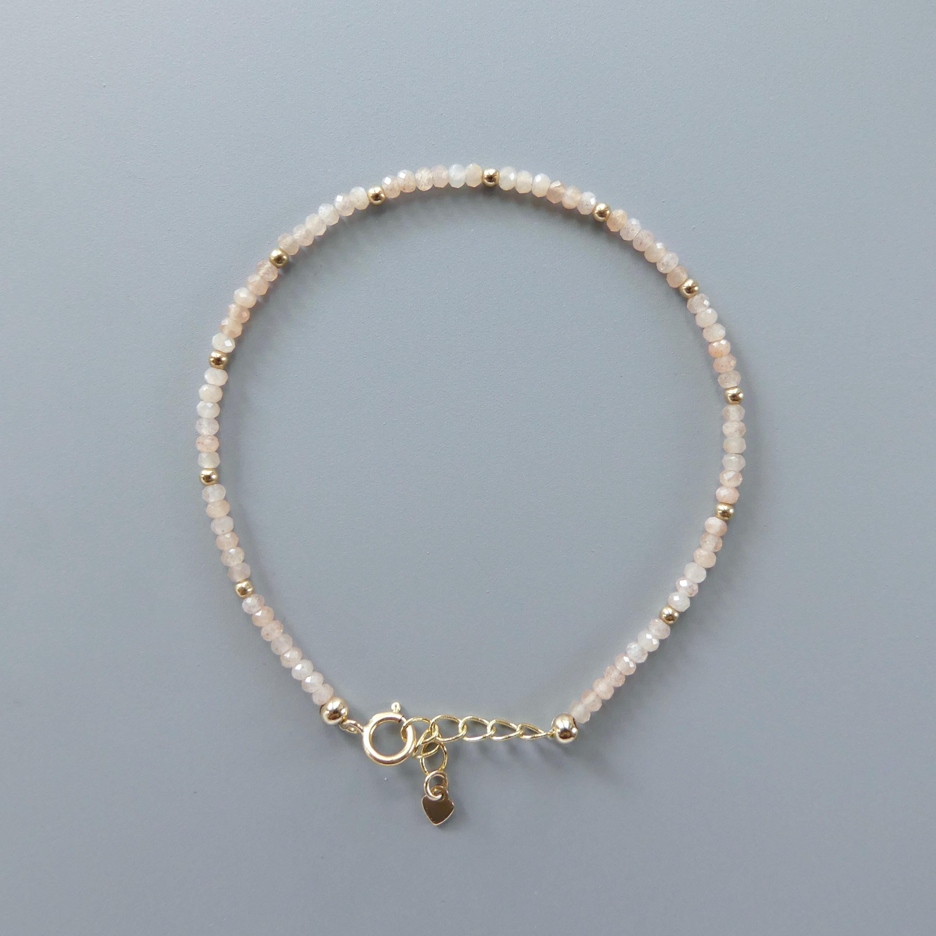 Tiny Peach Moonstone Bracelet Dainty Gemstone Beaded Jewelry