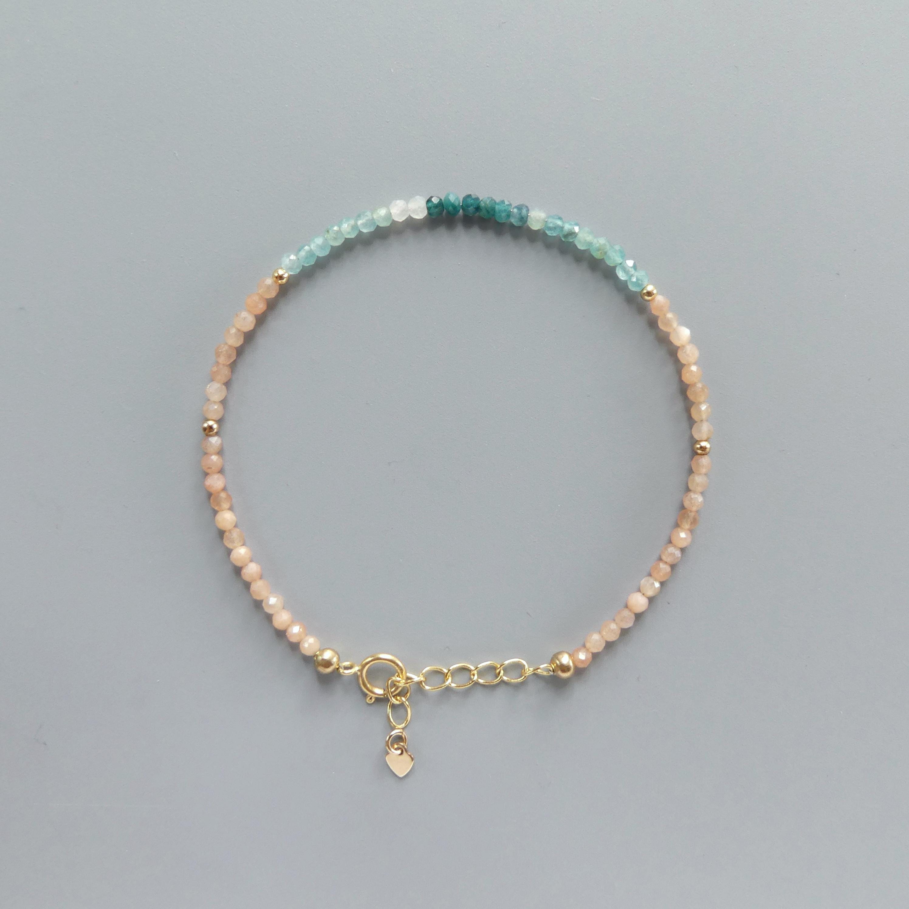 Tiny Ombre Grandidierite and Peach Moonstone Bracelet -Dainty Beaded Jewelry