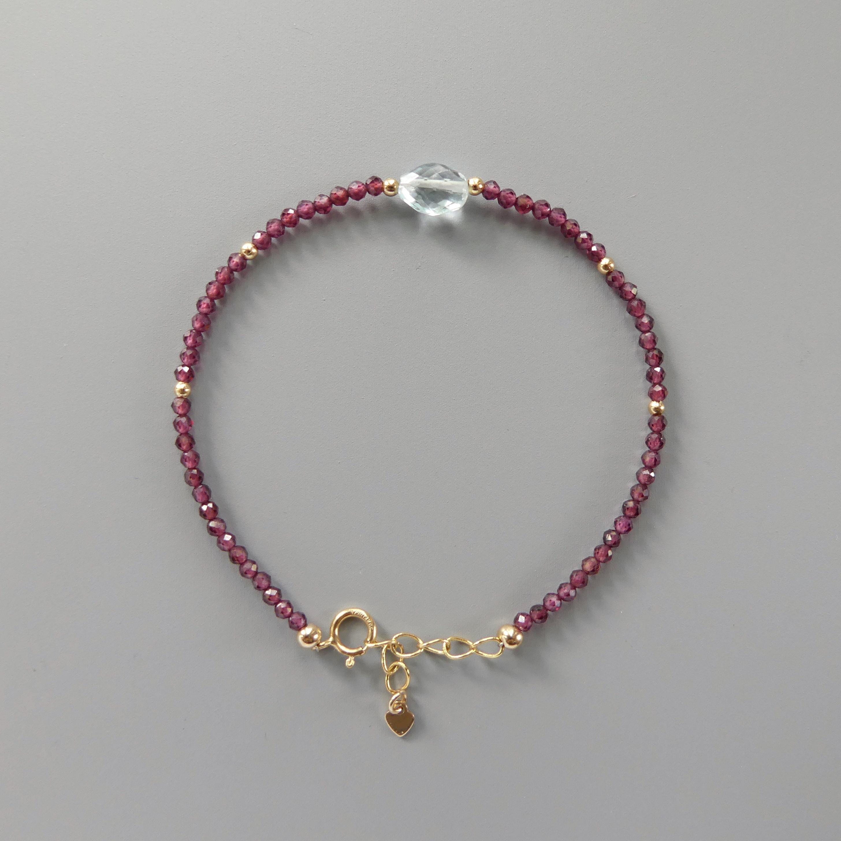 Tiny Garnet Bracelet with Aquamarine Dainty Crystal Minimalist Jewelry