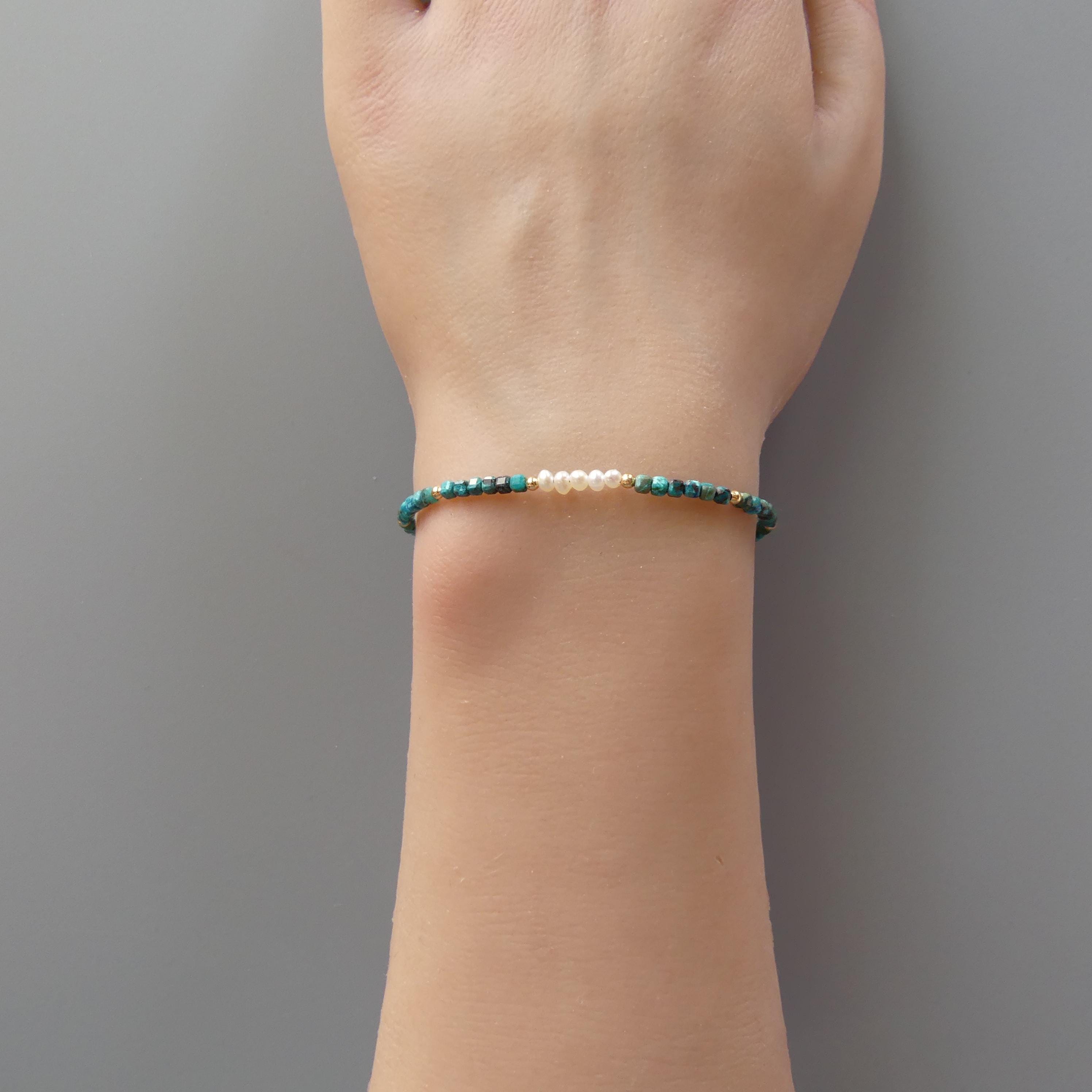 Tiny Chrysocolla and Freshwater Pearl Bracelet -Dainty Beaded Jewelry