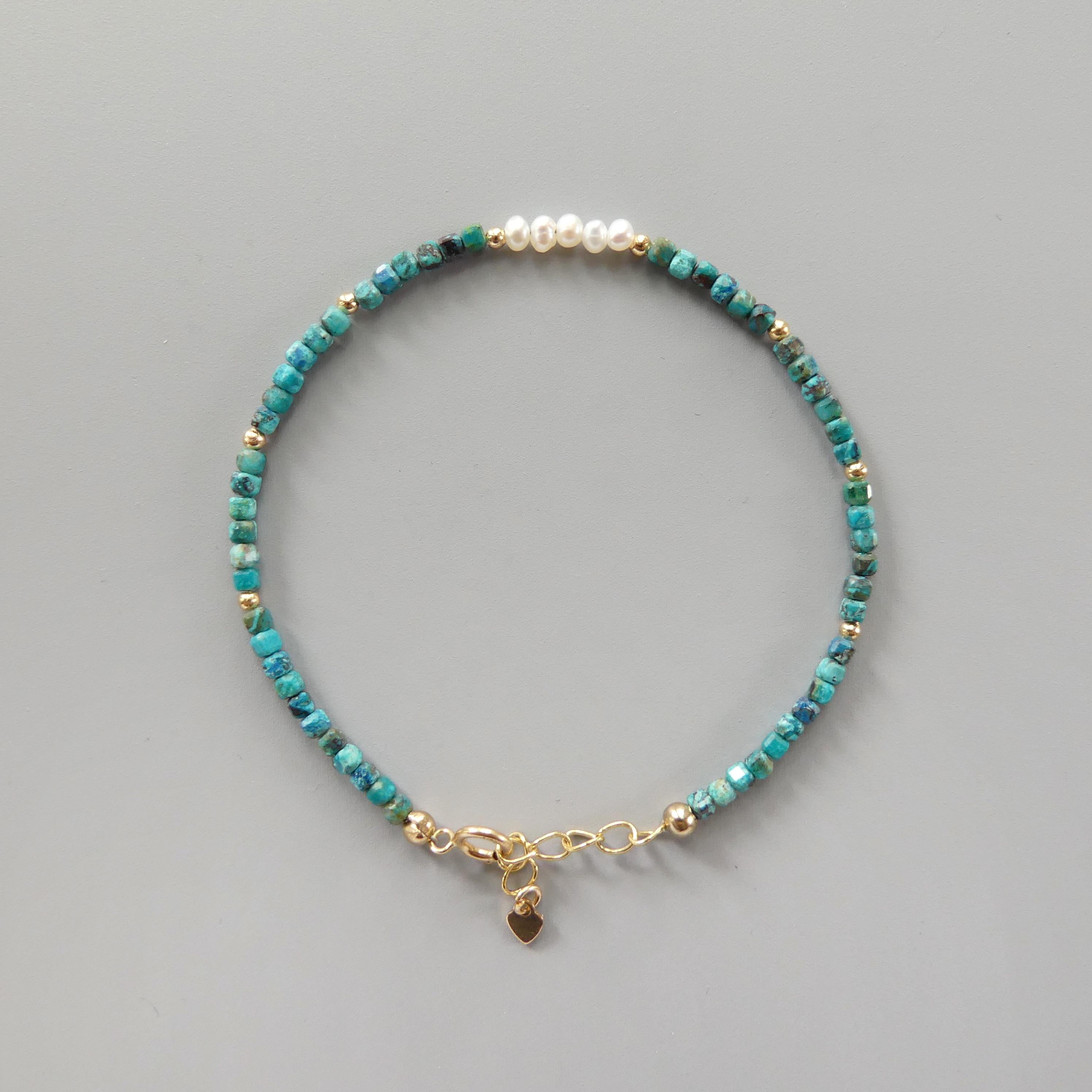 Tiny Chrysocolla and Freshwater Pearl Bracelet -Dainty Beaded Jewelry