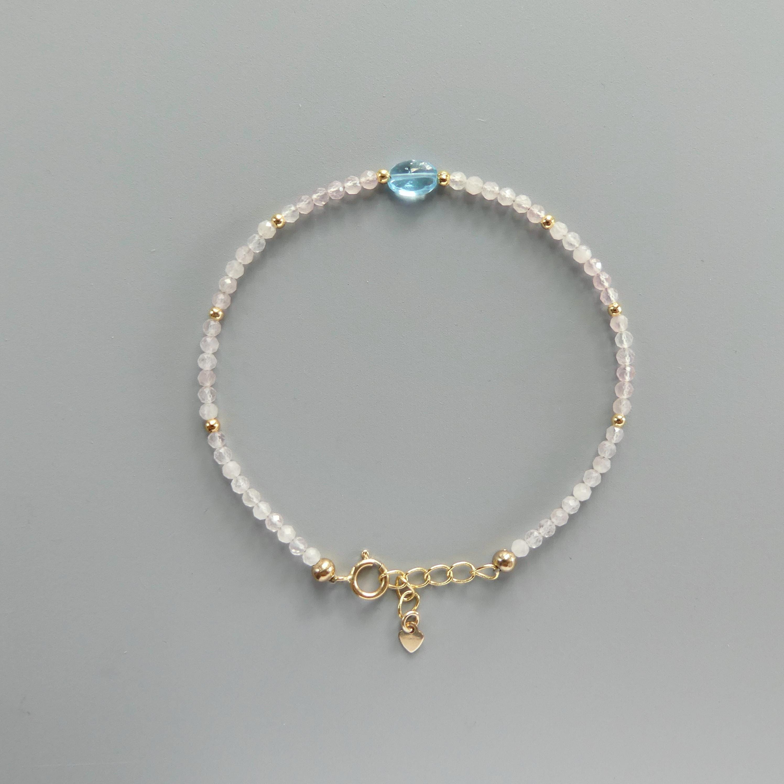 Tiny Pink Morganite Bracelet with Swiss Blue Topaz -Dainty Jewelry