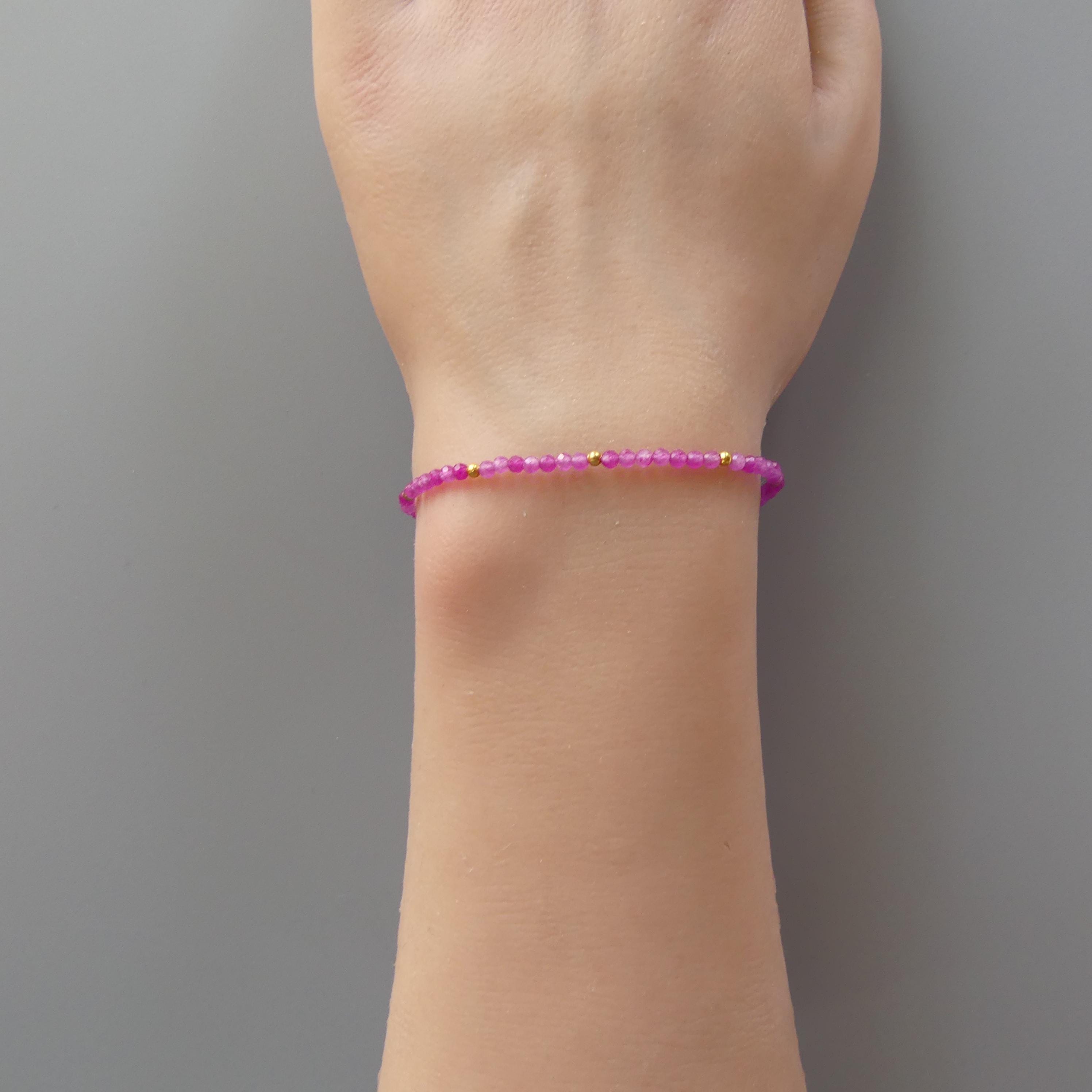 Tiny Hot Pink Quartz Bracelet Dainty Magenta Gemstone Beaded Bracelet Minimalist Jewelry Gift Self Care Birthday Gift Bridesmaid Mom Wife