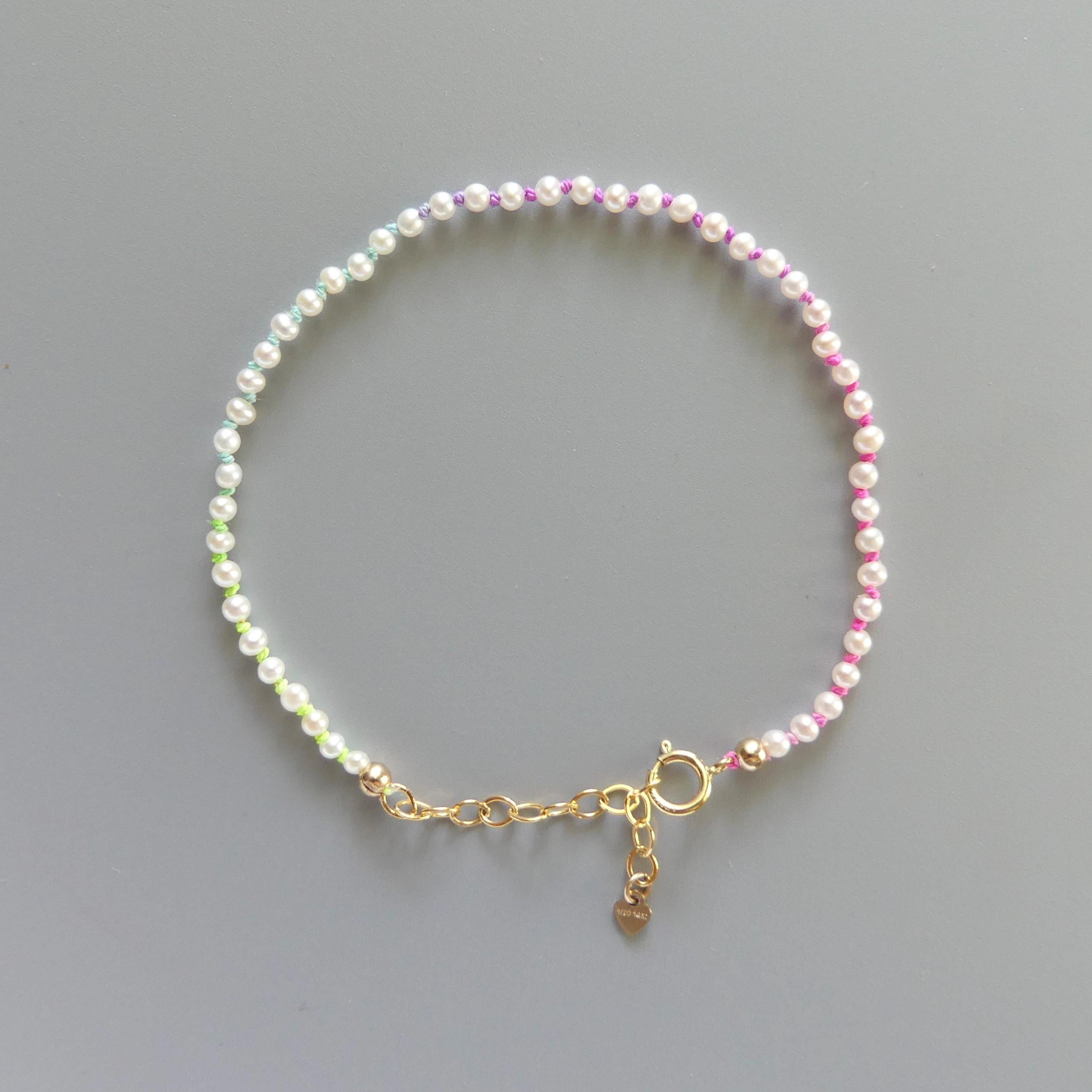 Tiny Pearl Knot Bracelet Dainty Rainbow Neon Silk Knotted Jewelry Minimalist Freshwater Pearl June Birthstone Birthday Gift 30th Anniversary