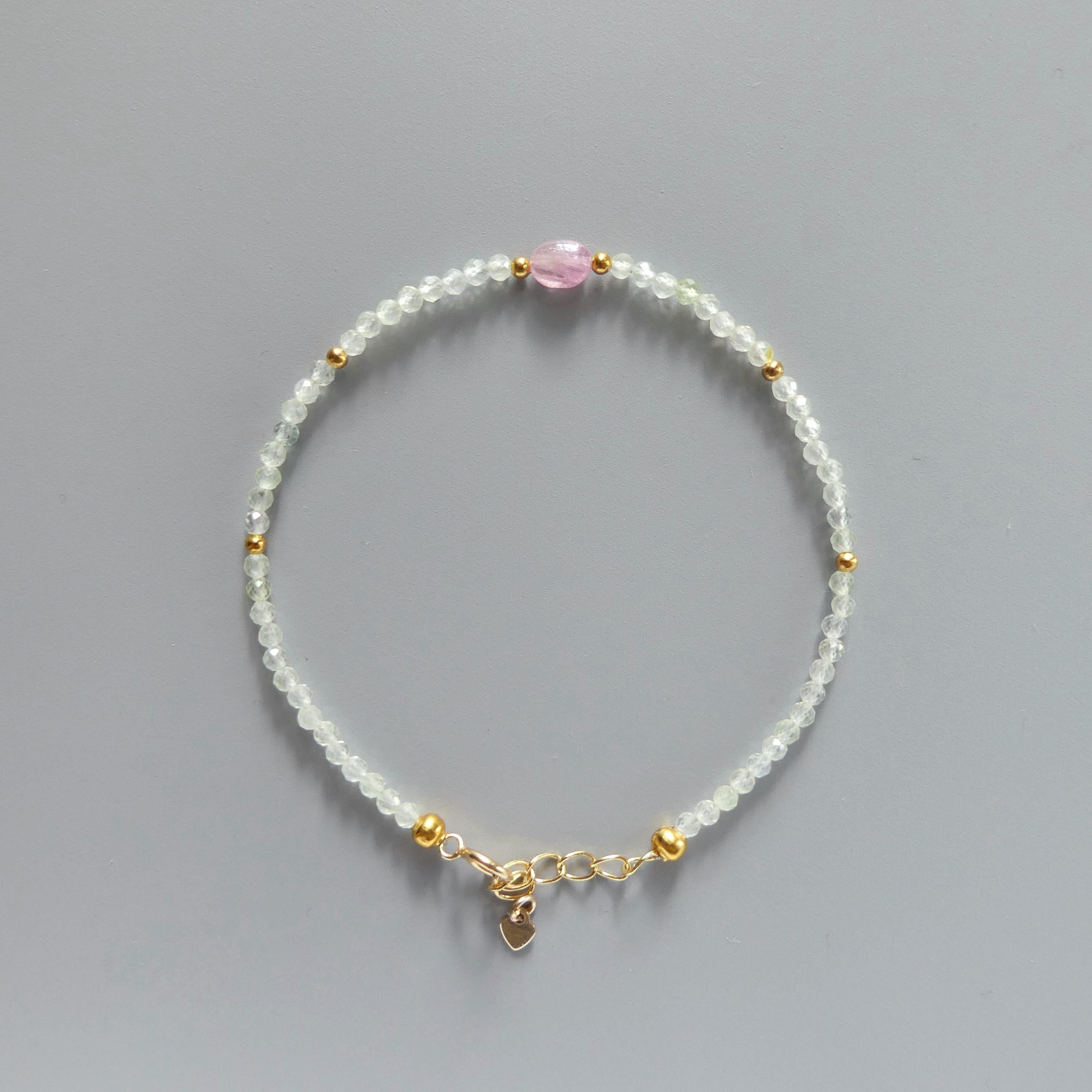Tiny Prehnite Bracelet Dainty Pink Tourmaline Gemstone Beaded Bracelet Crystal Jewelry Minimalist October Birthstone Birthday Gift for Women