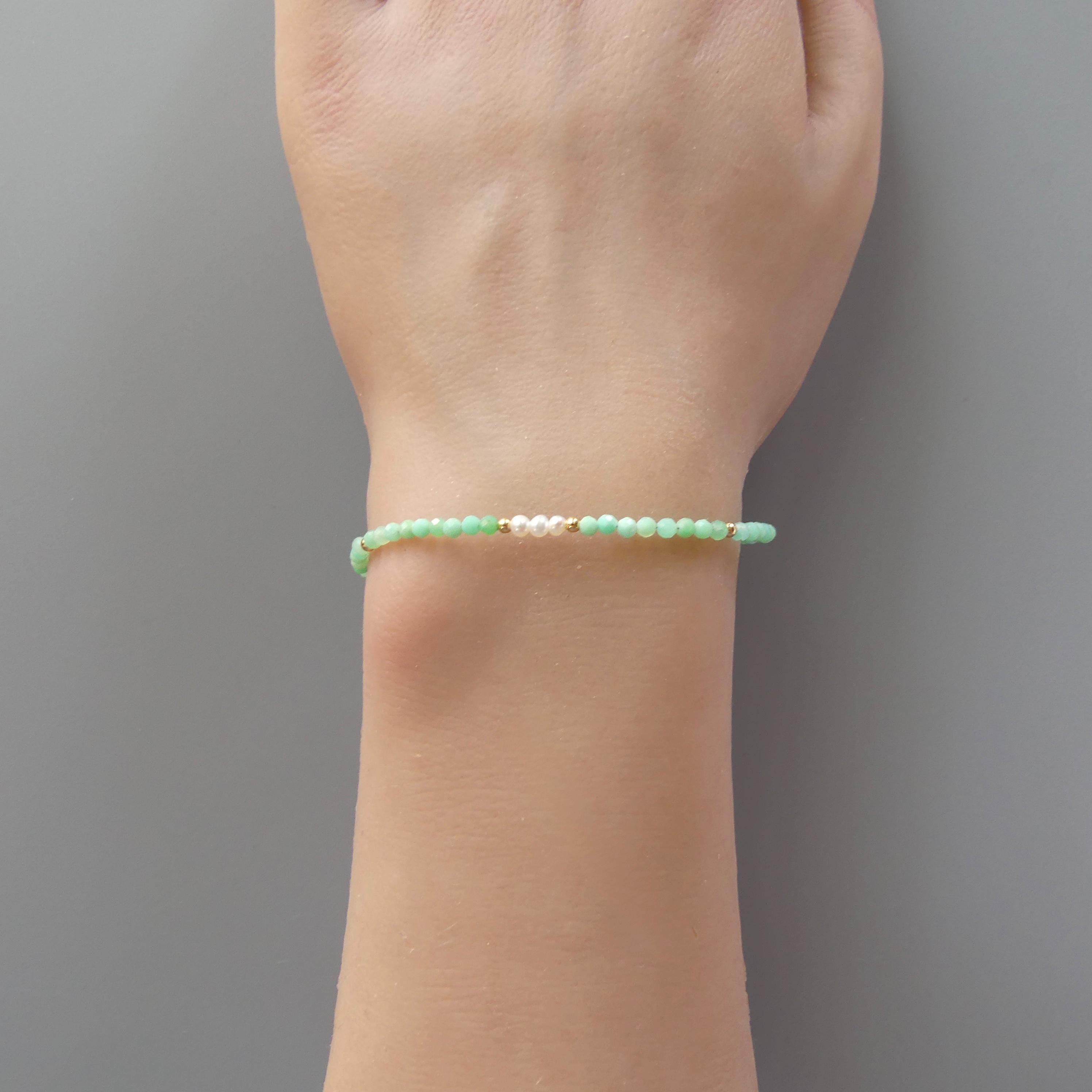 Tiny Chrysoprase and Pearls Bracelet - Dainty Pastel Gemstone Jewelry