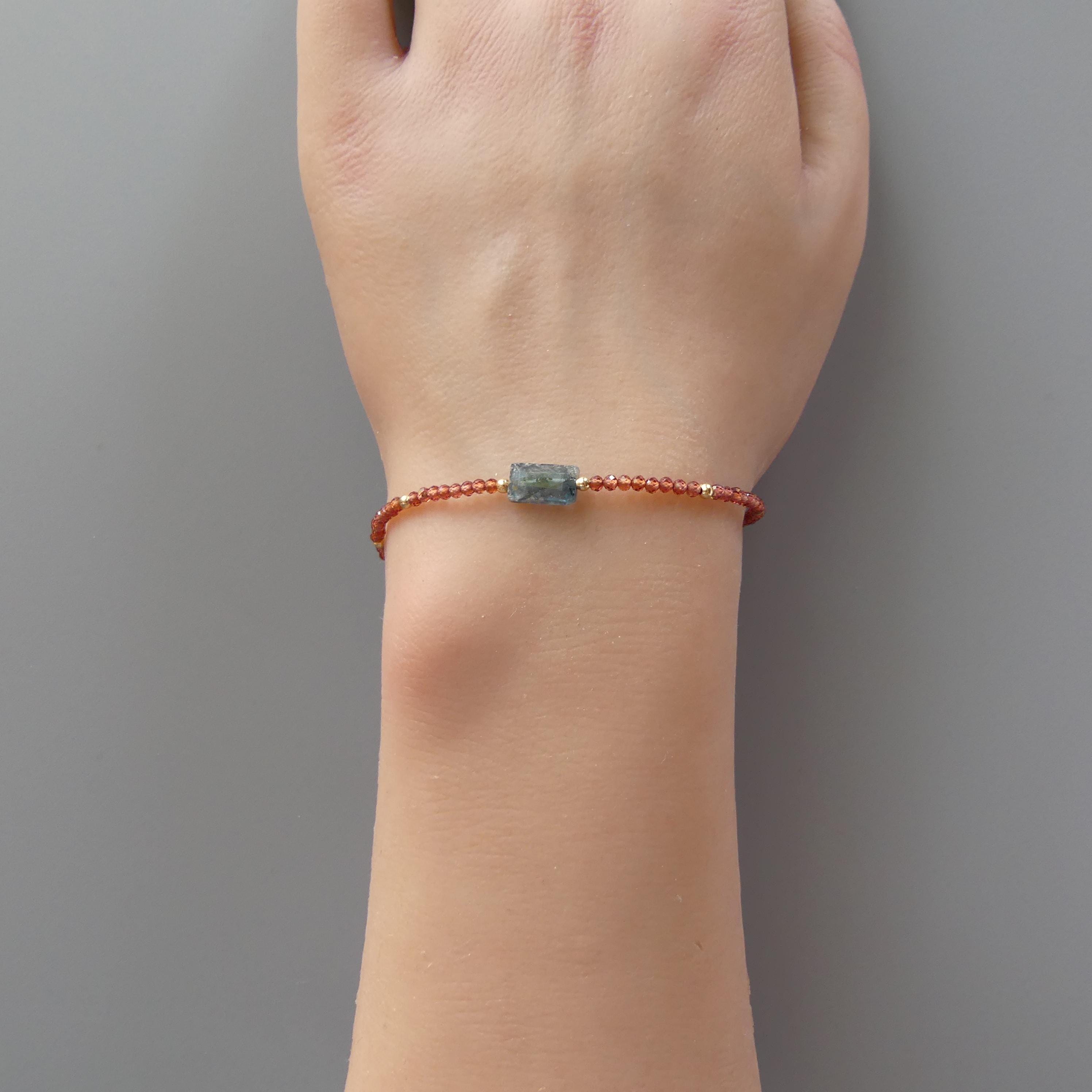 Tiny Teal Kyanite and Garnet Bracelet - Dainty Gemstone Jewelry