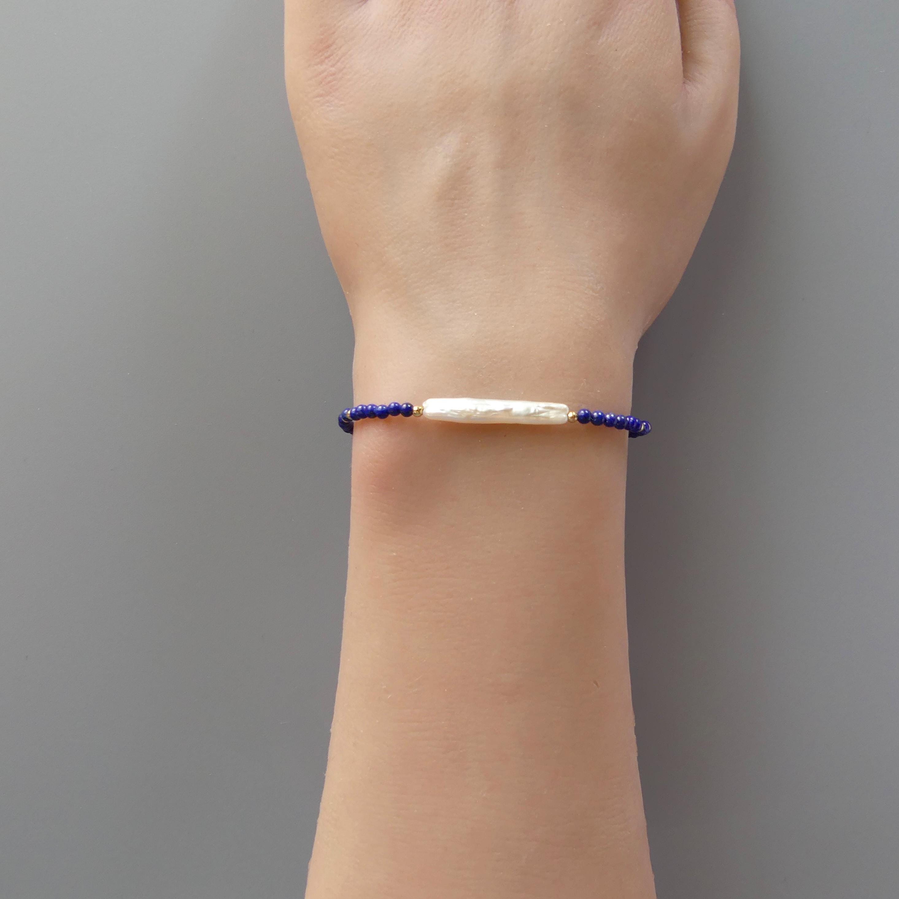 Tiny Lapis Lazuli Bracelet with Biwa Pearl - Dainty Gemstone Beaded Jewelry