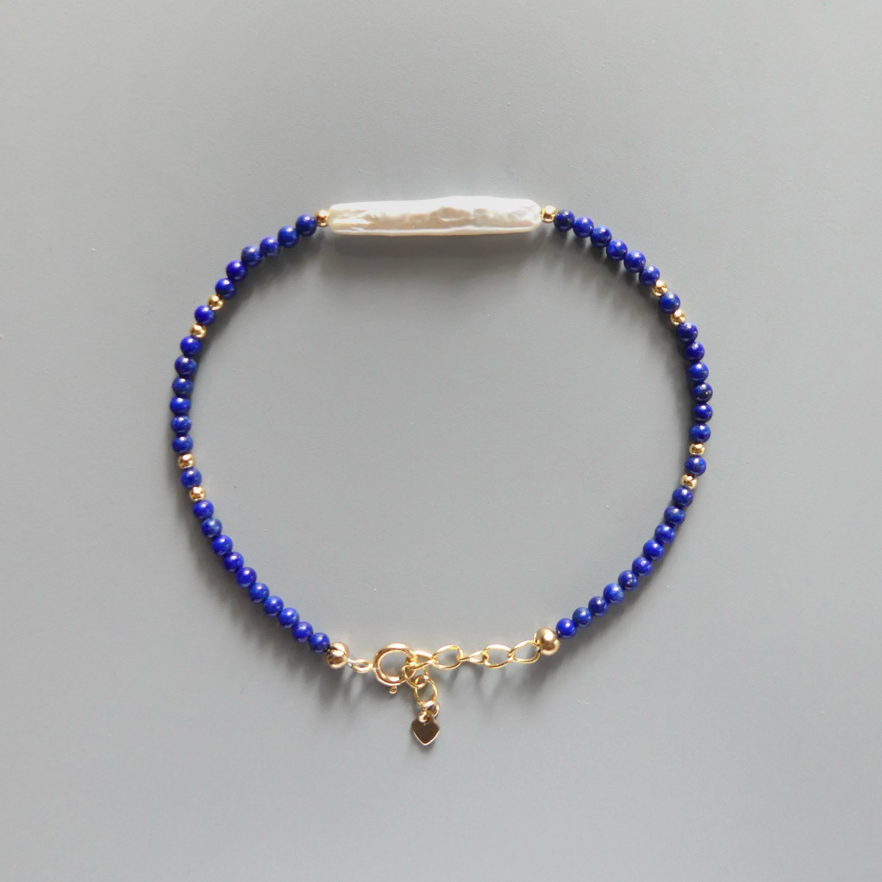 Tiny Lapis Lazuli Bracelet with Biwa Pearl - Dainty Gemstone Beaded Jewelry