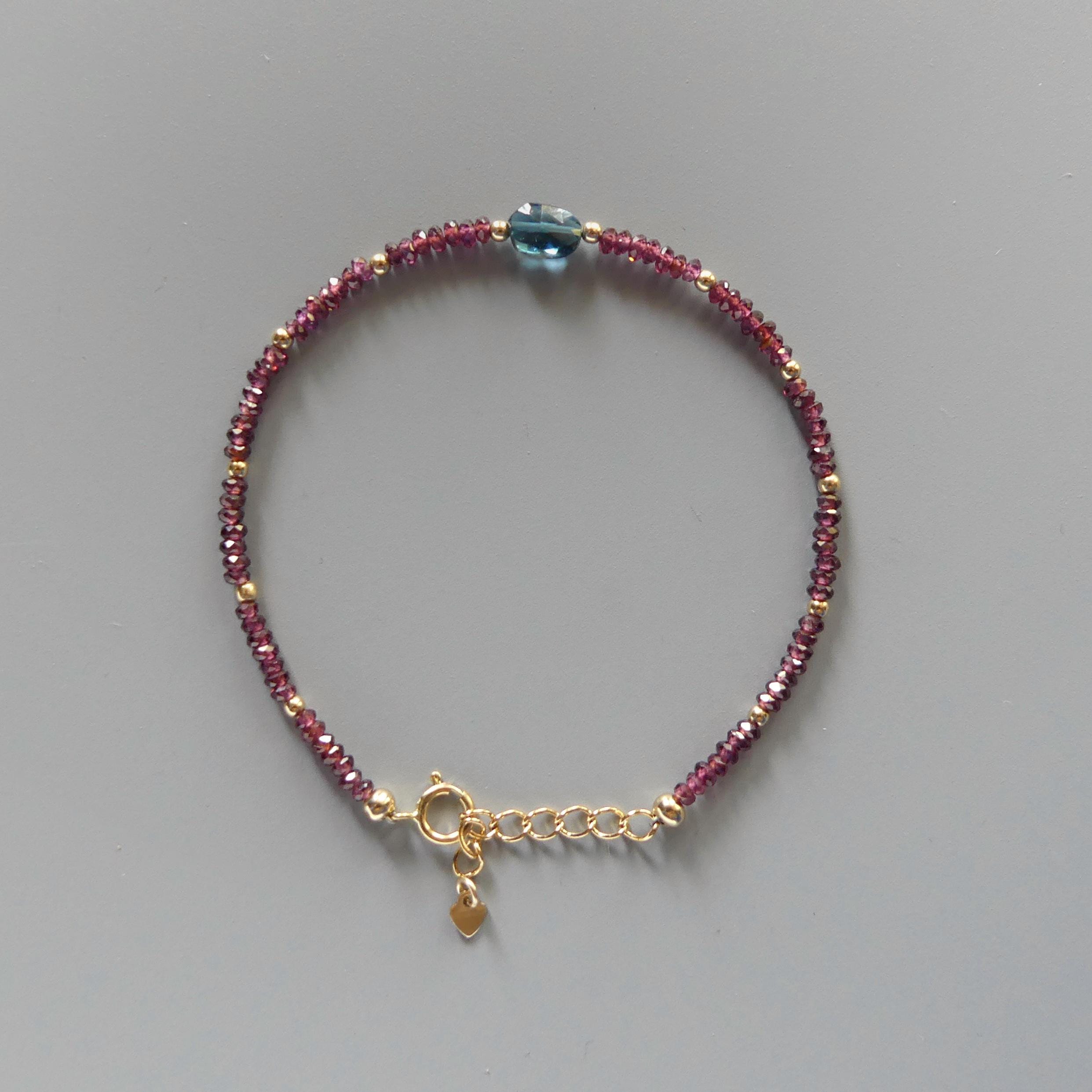 Tiny Garnet Bracelet Dainty London Blue Topaz Gemstone Beaded Bracelet Crystal Minimalist Jewelry January Birthstone December Gift for Women