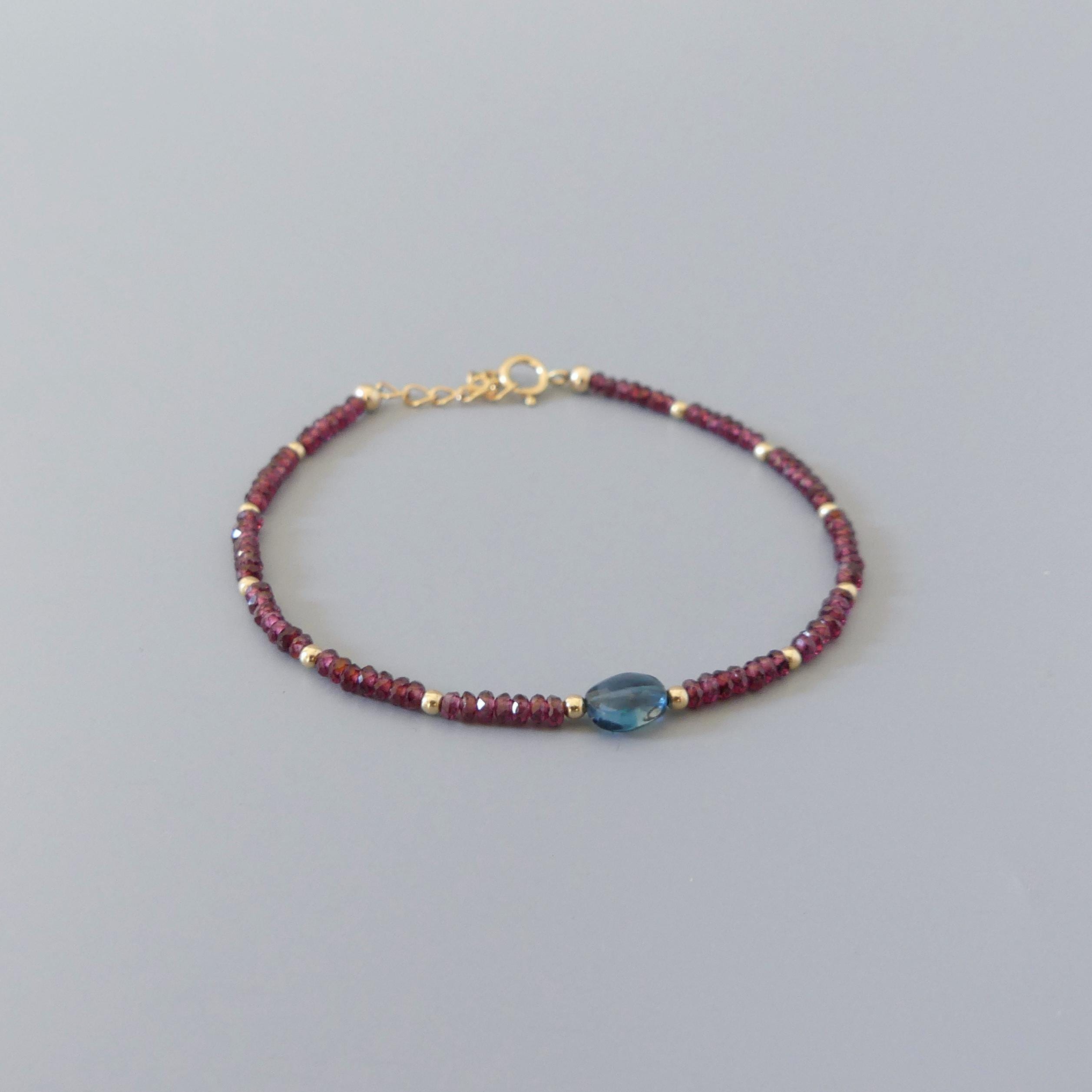Tiny Garnet Bracelet Dainty London Blue Topaz Gemstone Beaded Bracelet Crystal Minimalist Jewelry January Birthstone December Gift for Women