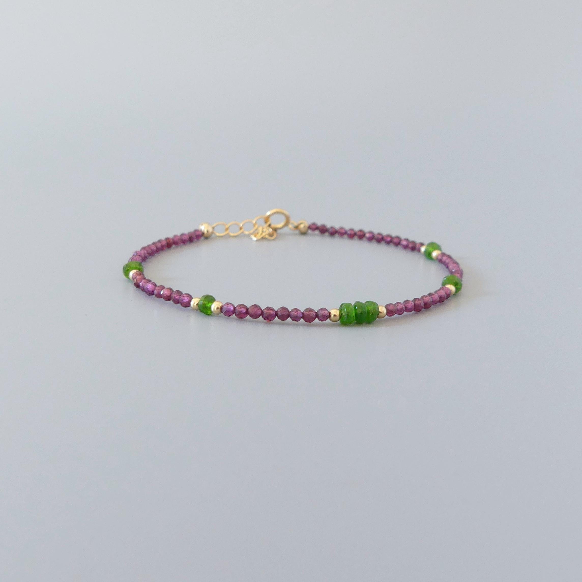 Tiny Garnet Bracelet Dainty Rhodolite Bracelet Tsavorite Stacking Gold Filled Beaded Crystal Jewelry Minimalist January Birthstone Gift