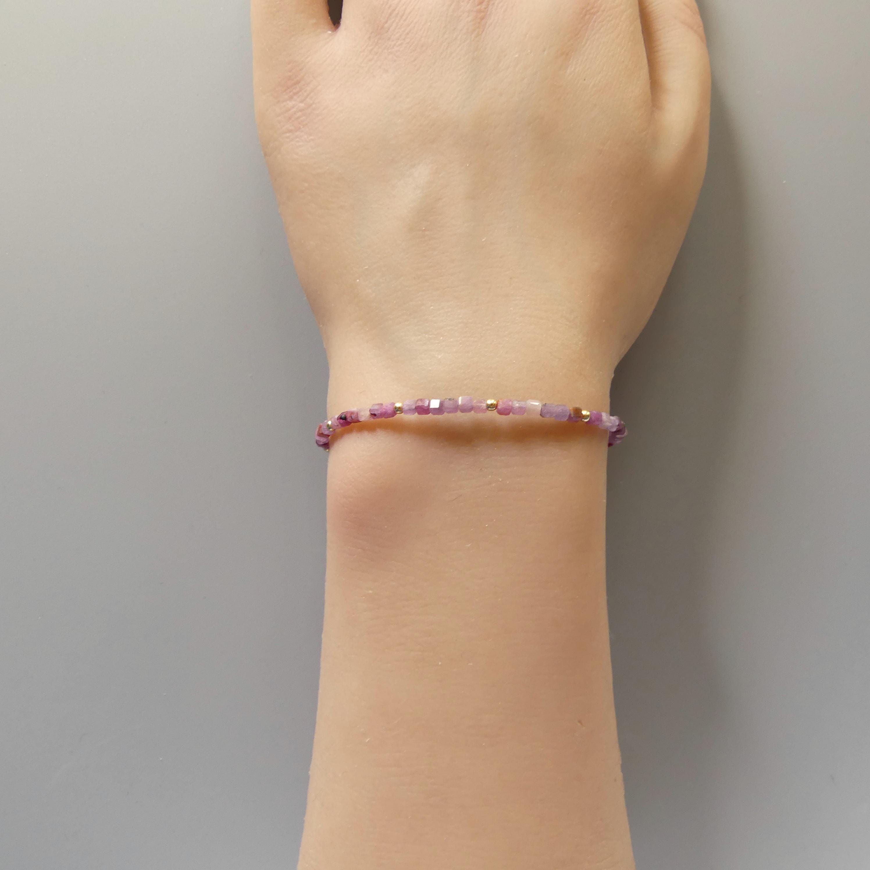 Tiny Ruby Bracelet Dainty Cube Bead Ruby Natural Gemstone Bracelet Minimalist July Birthstone Jewelry Gift for Women
