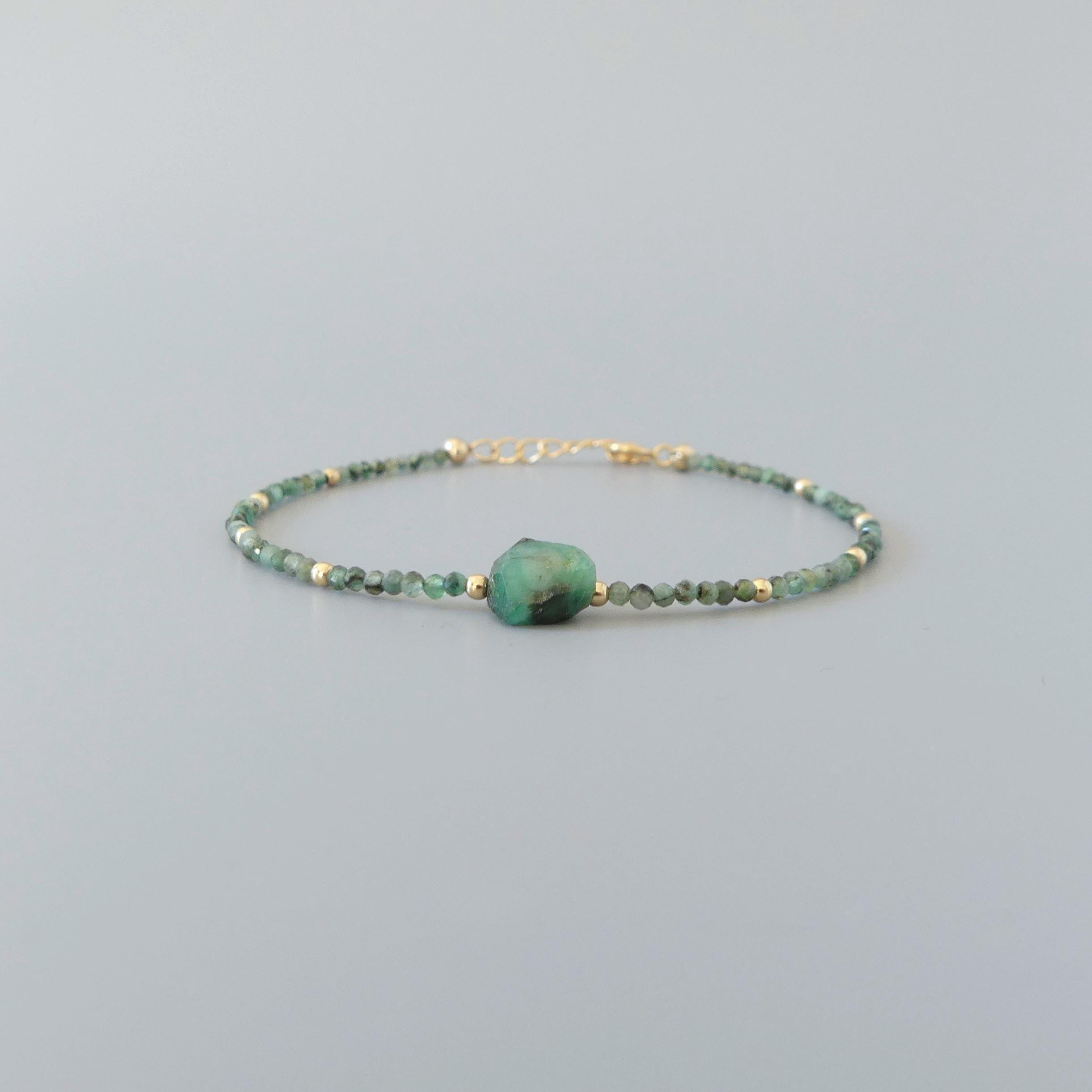 Tiny Emerald Bracelet Dainty Gemstone Beaded Jewelry Green Crystal Bracelet Minimalist May Birthstone Birthday Gift 20th Anniversary Wife