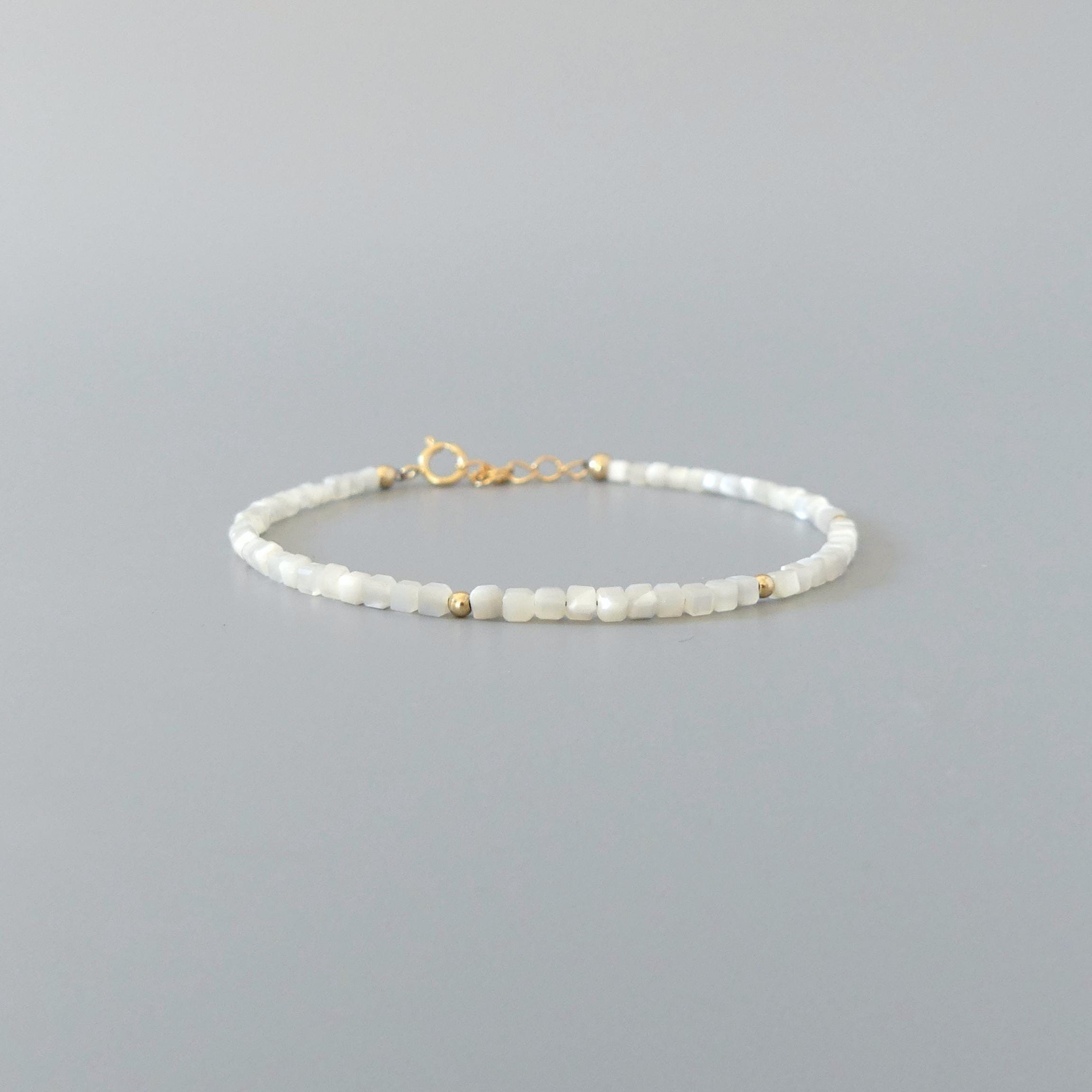 Tiny Mother of Pearl Bracelet Shell Dainty Gold Filled Beaded Bracelet Minimalist Jewelry June Birthstone Birthday Gift for Bridemaid