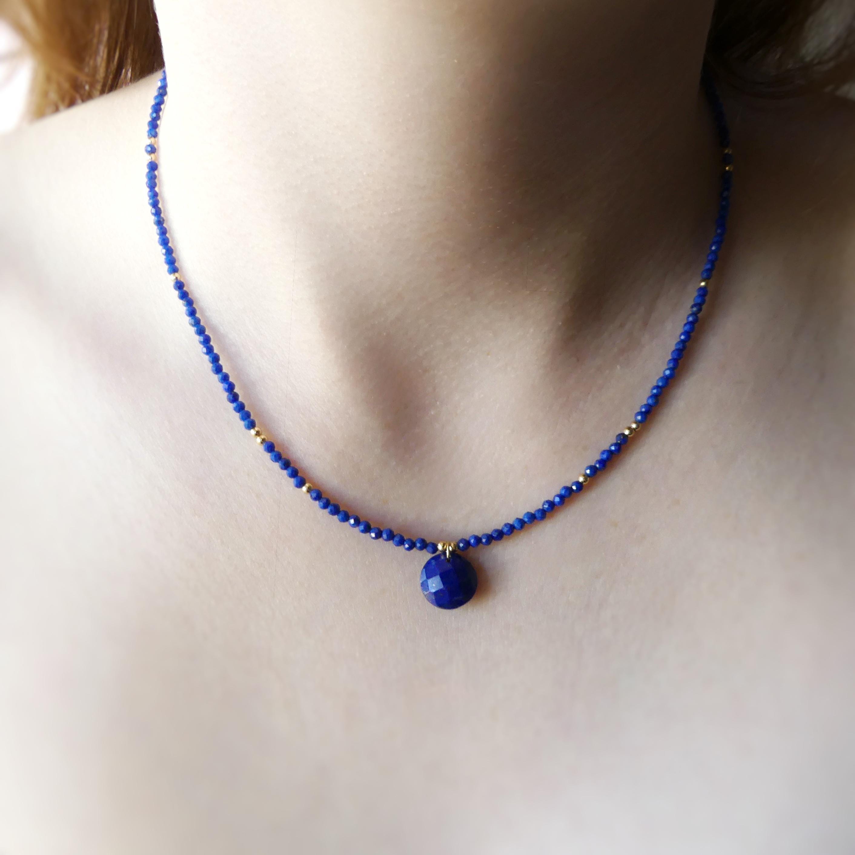 Tiny Lapis Beaded Necklace Layering Dainty Lapis Choker Minimalist Jewelry Gold Filled Birthday Gift For Women September Birthstone