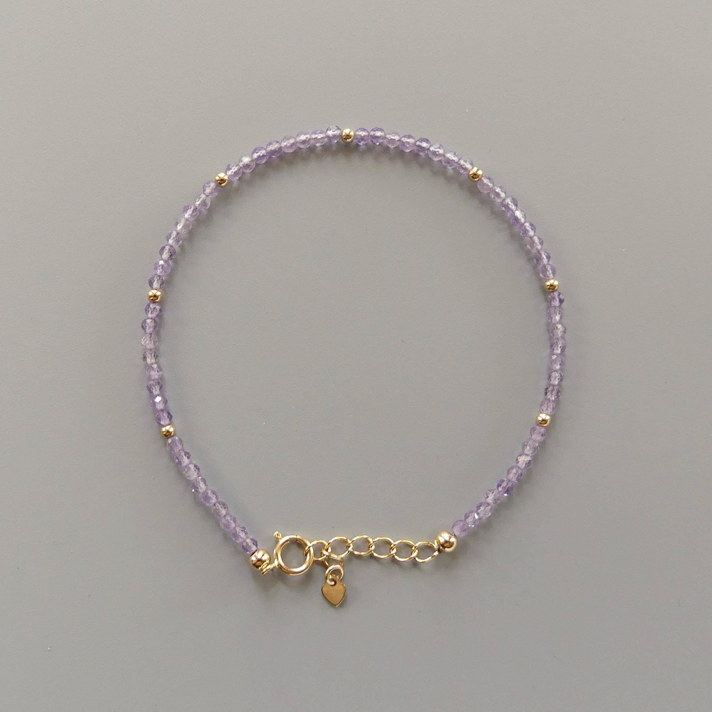 Tiny Pink Amethyst Bracelet Dainty Lilac Gemstone Beaded Bracelet Crystal Jewelry Minimalist February Birthstone July Birthday Gift