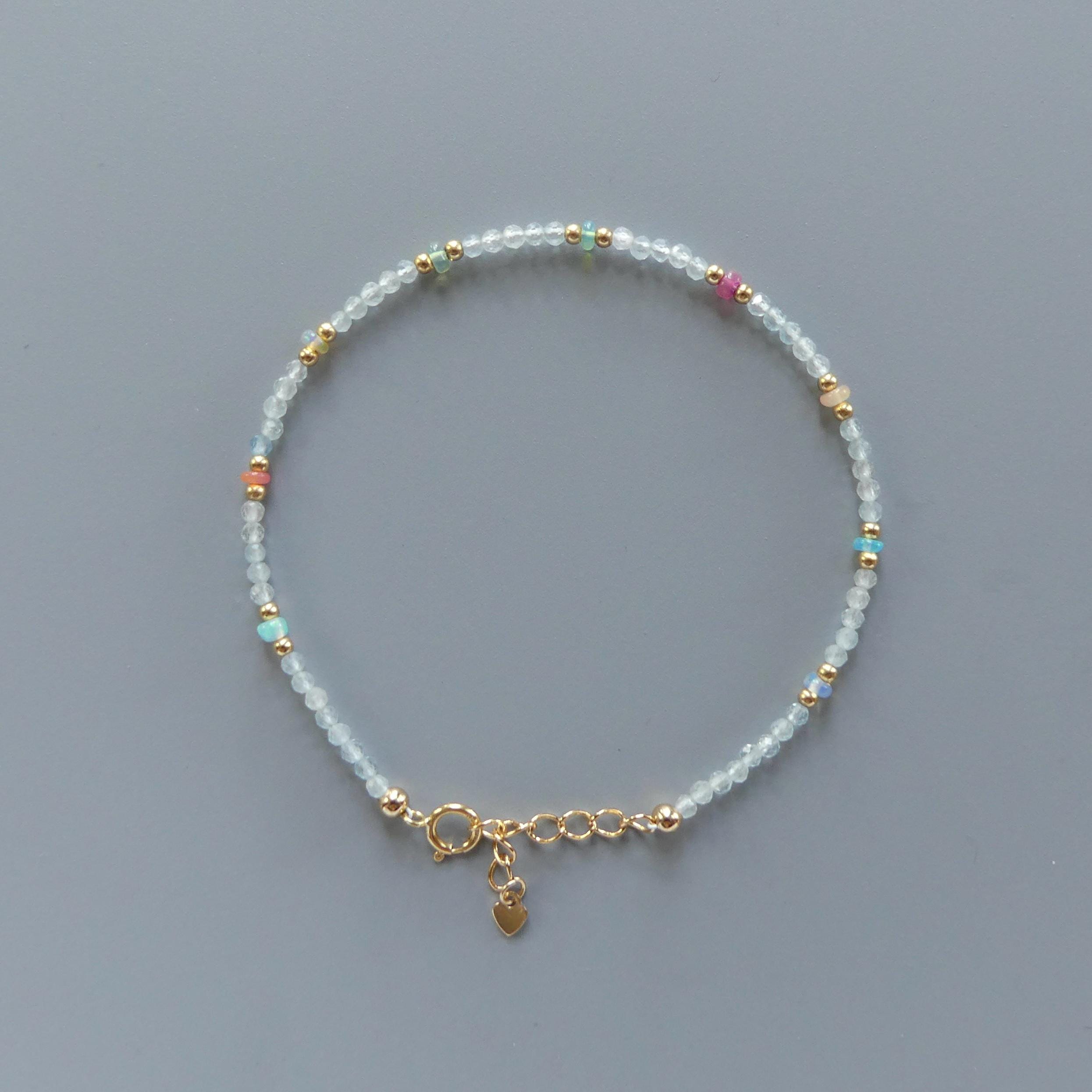 Tiny Pastel Opal Bracelet Dainty Aquamarine Gold Filled Beaded Minimalist Jewelry Birthstone Bracelet Mom Birthday Gift Wife Mom Bridesmaid